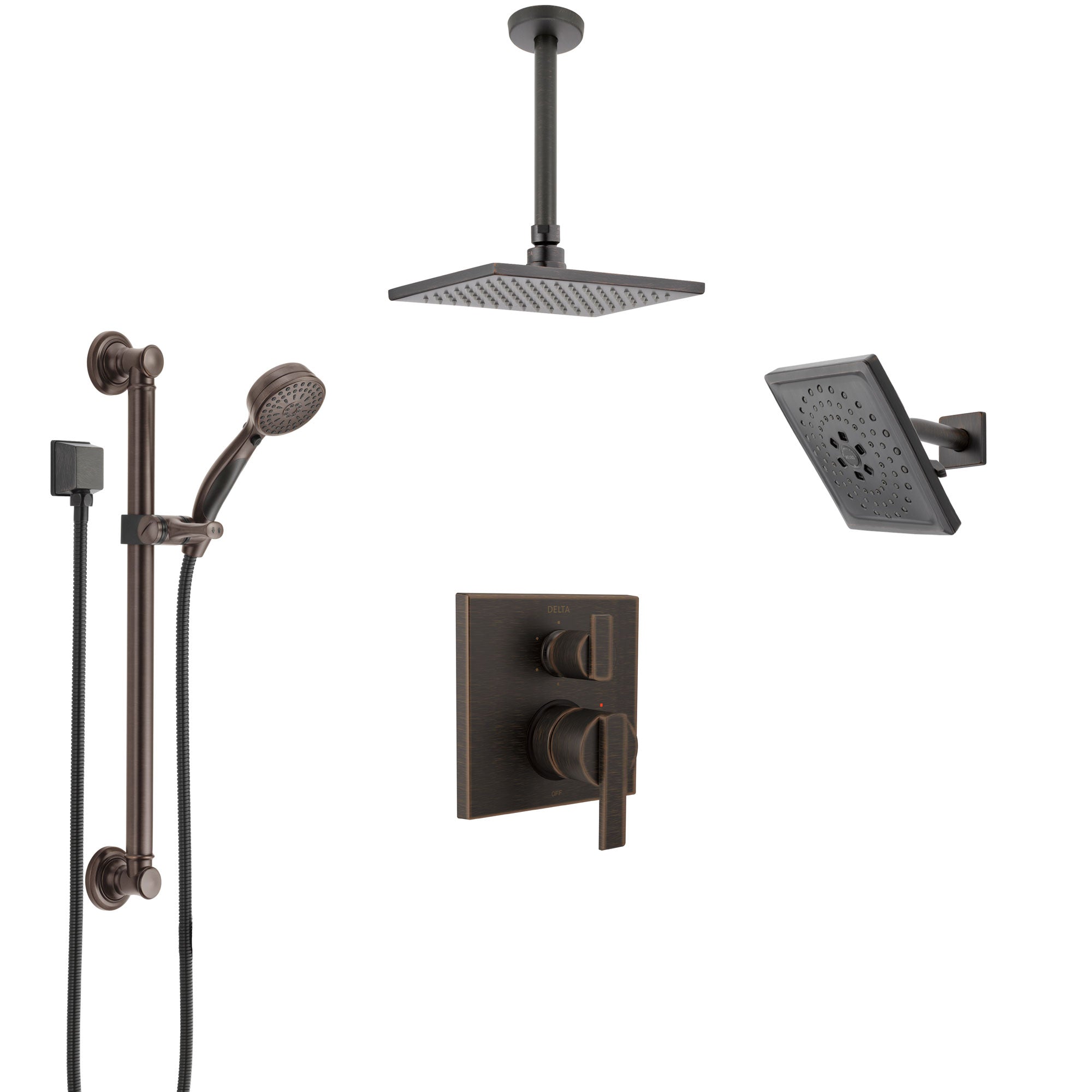 Delta Ara Venetian Bronze Shower System with Control Handle, Integrated Diverter, Showerhead, Ceiling Showerhead, and Grab Bar Hand Shower SS24967RB8