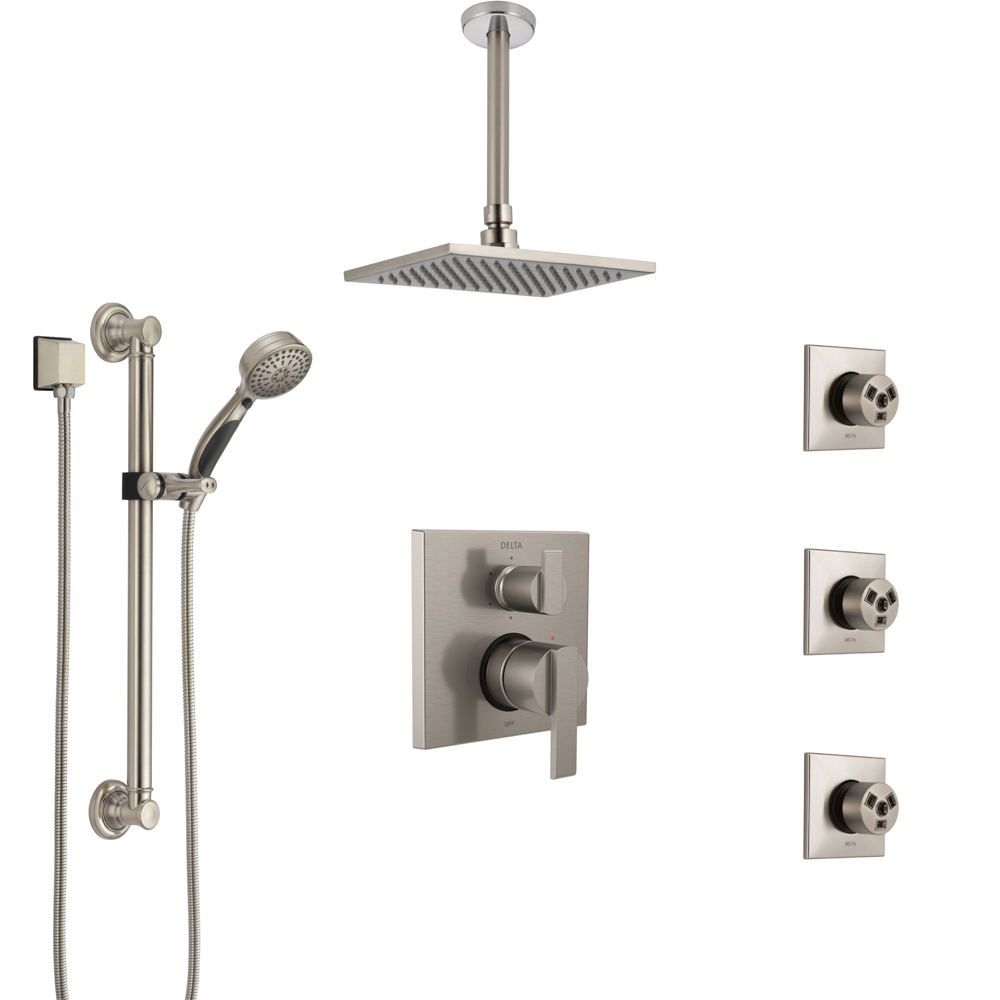 Delta Ara Stainless Steel Finish Integrated Diverter Shower System Control Handle, Ceiling Showerhead, 3 Body Sprays, Grab Bar Hand Spray SS24967SS2