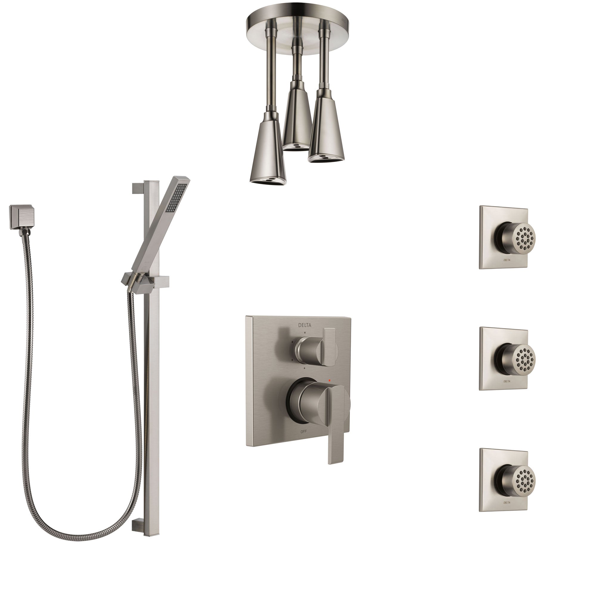 Delta Ara Stainless Steel Finish Shower System with Control Handle, Integrated Diverter, Ceiling Showerhead, 3 Body Sprays, and Hand Shower SS24967SS7