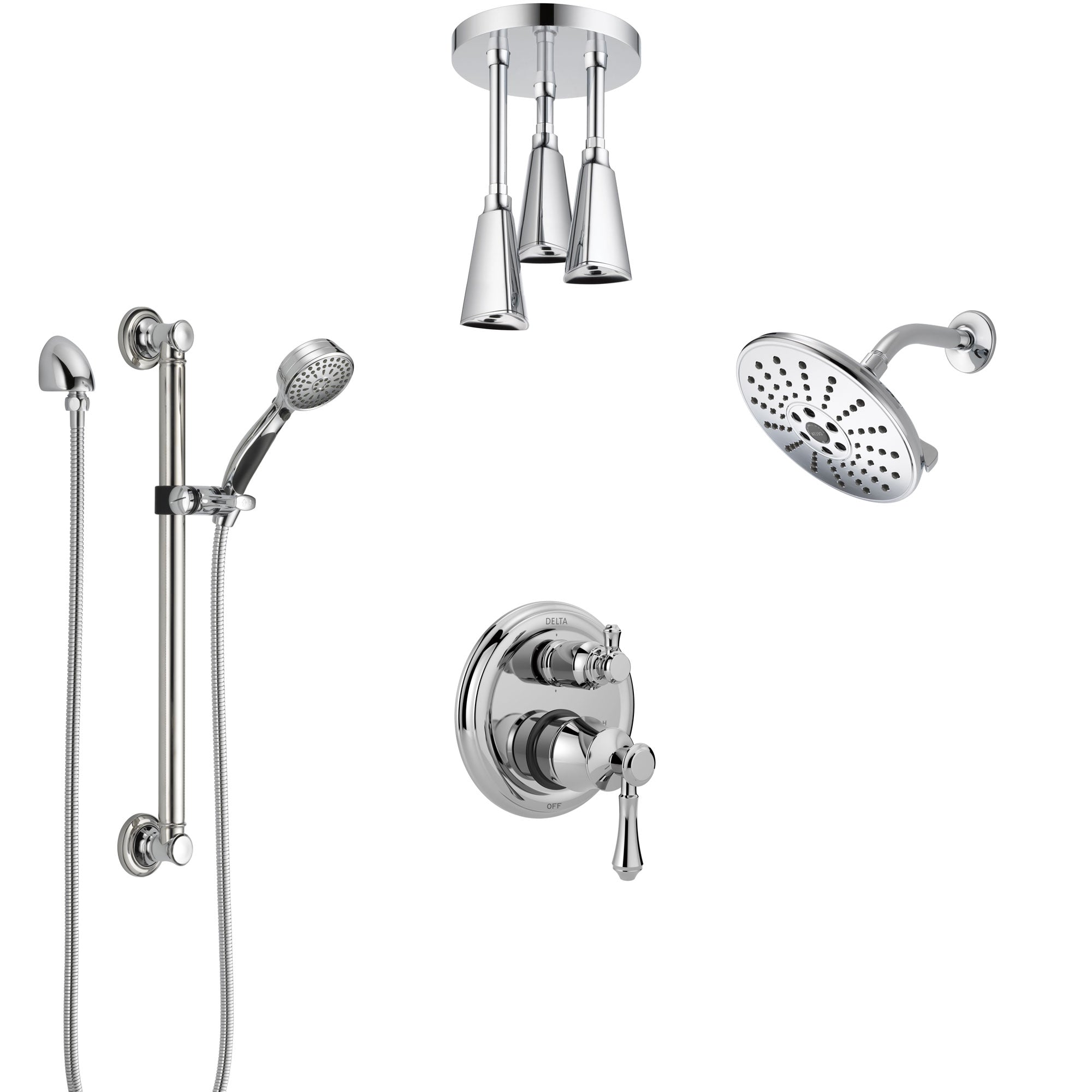 Delta Cassidy Chrome Shower System with Control Handle, Integrated Diverter, Showerhead, Ceiling Mount Showerhead, and Grab Bar Hand Shower SS2499711