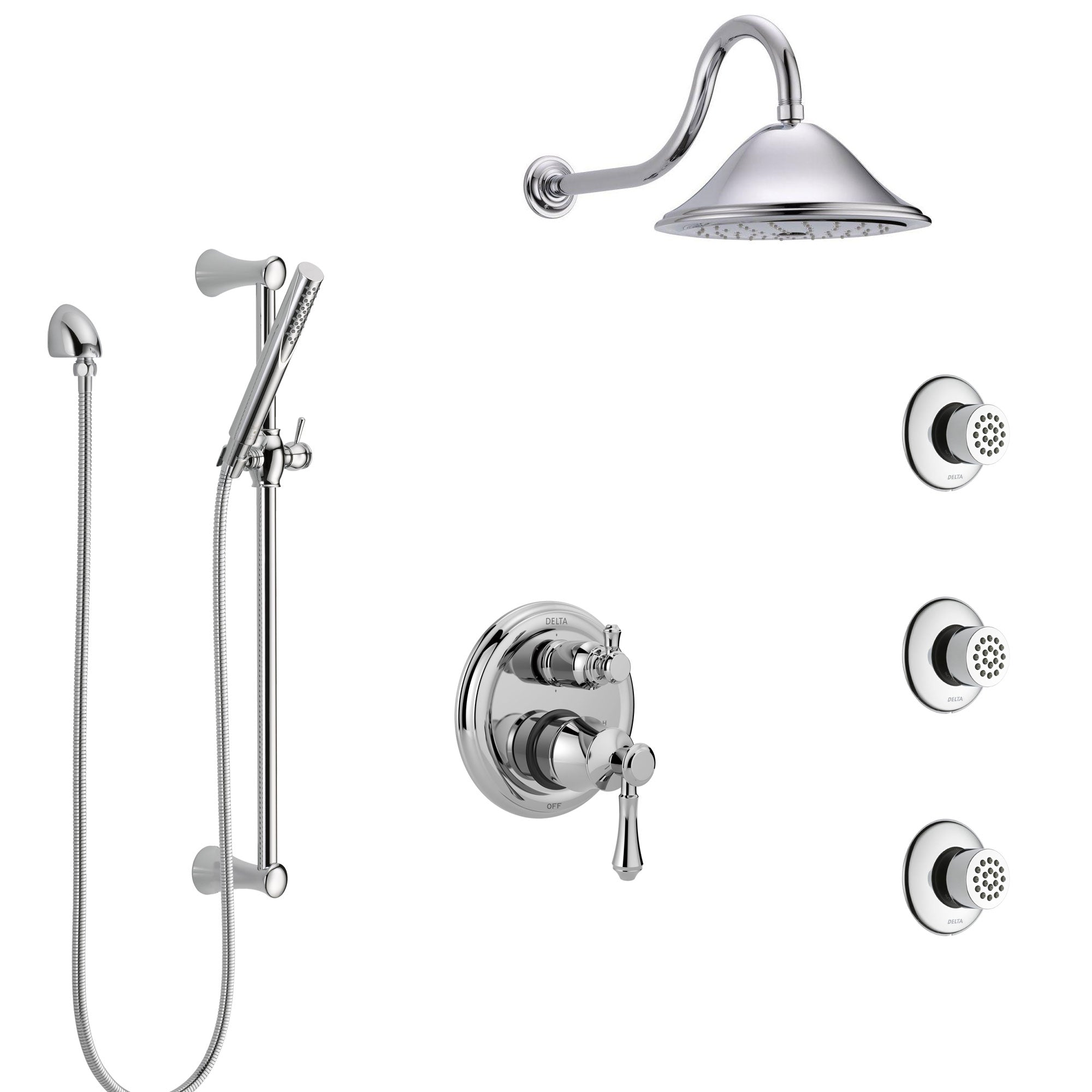 Delta Cassidy Chrome Finish Shower System with Control Handle, Integrated 6-Setting Diverter, Showerhead, 3 Body Sprays, and Hand Shower SS249973