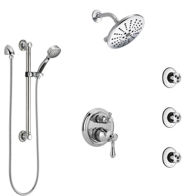 Delta Cassidy Chrome Shower System with Control Handle, Integrated Diverter, Showerhead, 3 Body Sprays, and Hand Shower with Grab Bar SS249976