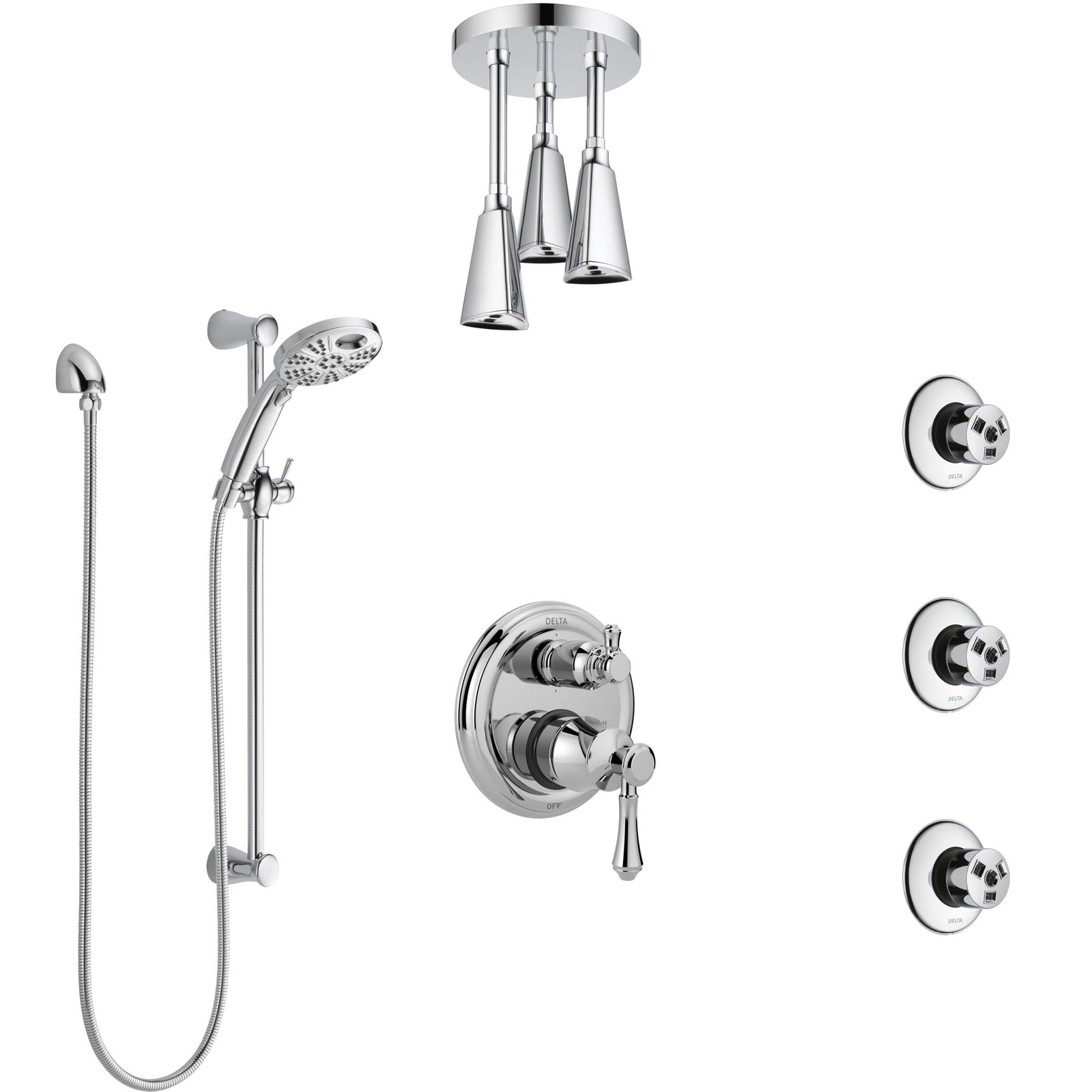 Delta Cassidy Chrome Shower System with Control Handle, Integrated Diverter, Ceiling Mount Showerhead, 3 Body Sprays, and Temp2O Hand Shower SS249979