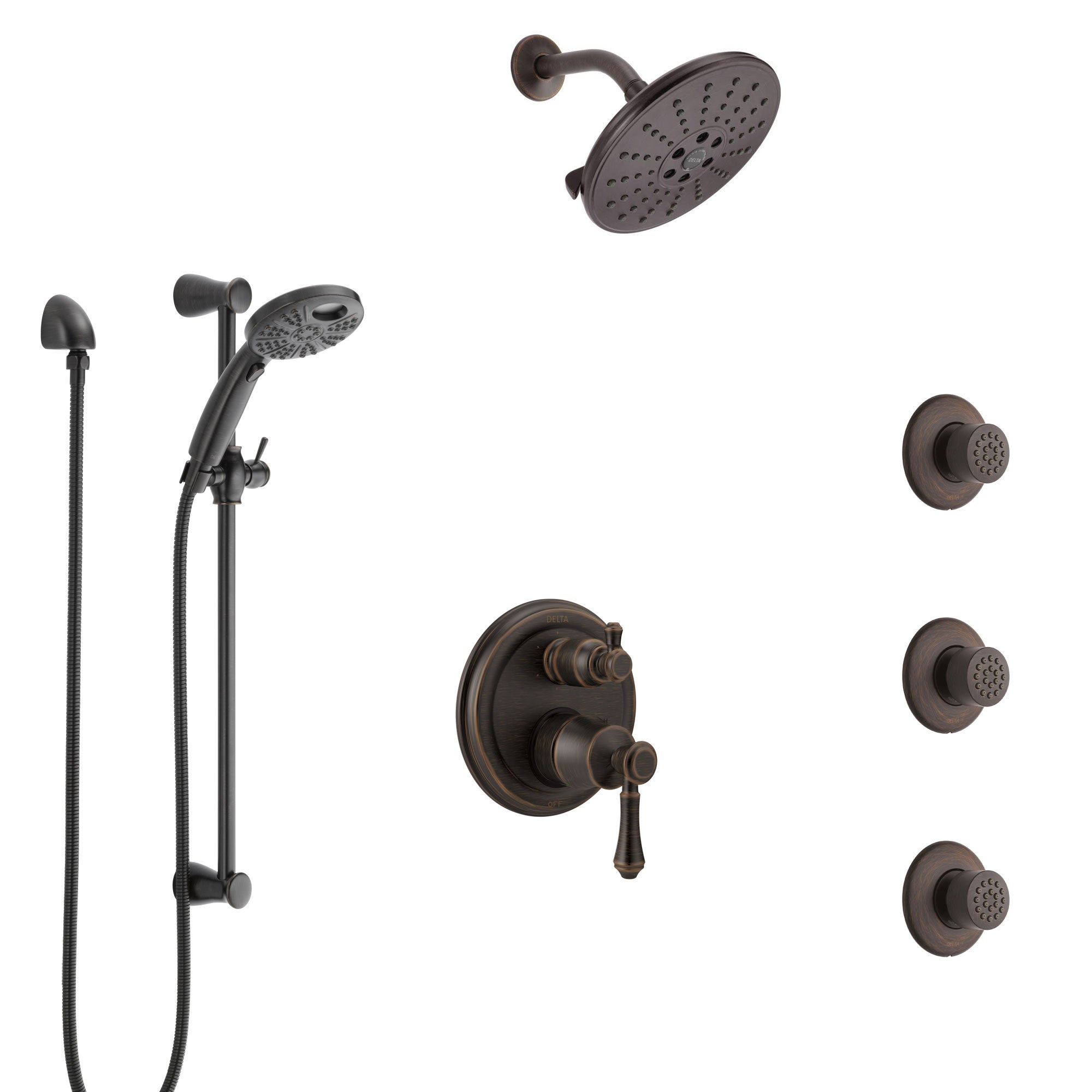 Delta Cassidy Venetian Bronze Shower System with Control, Integrated 6-Setting Diverter, Showerhead, 3 Body Sprays, and Temp2O Hand Shower SS24997RB5