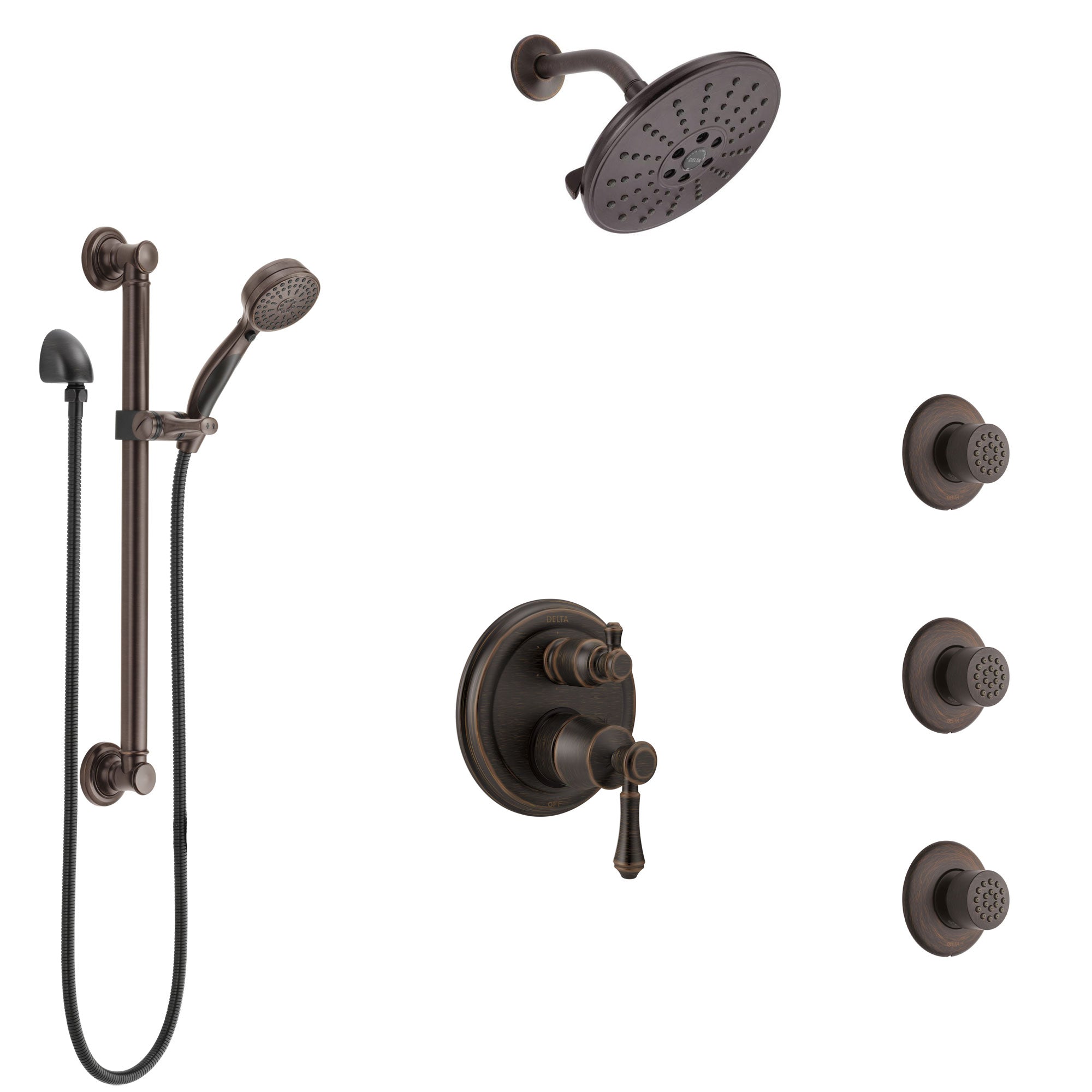 Delta Cassidy Venetian Bronze Shower System with Control Handle, Integrated Diverter, Showerhead, 3 Body Sprays, and Grab Bar Hand Shower SS24997RB7
