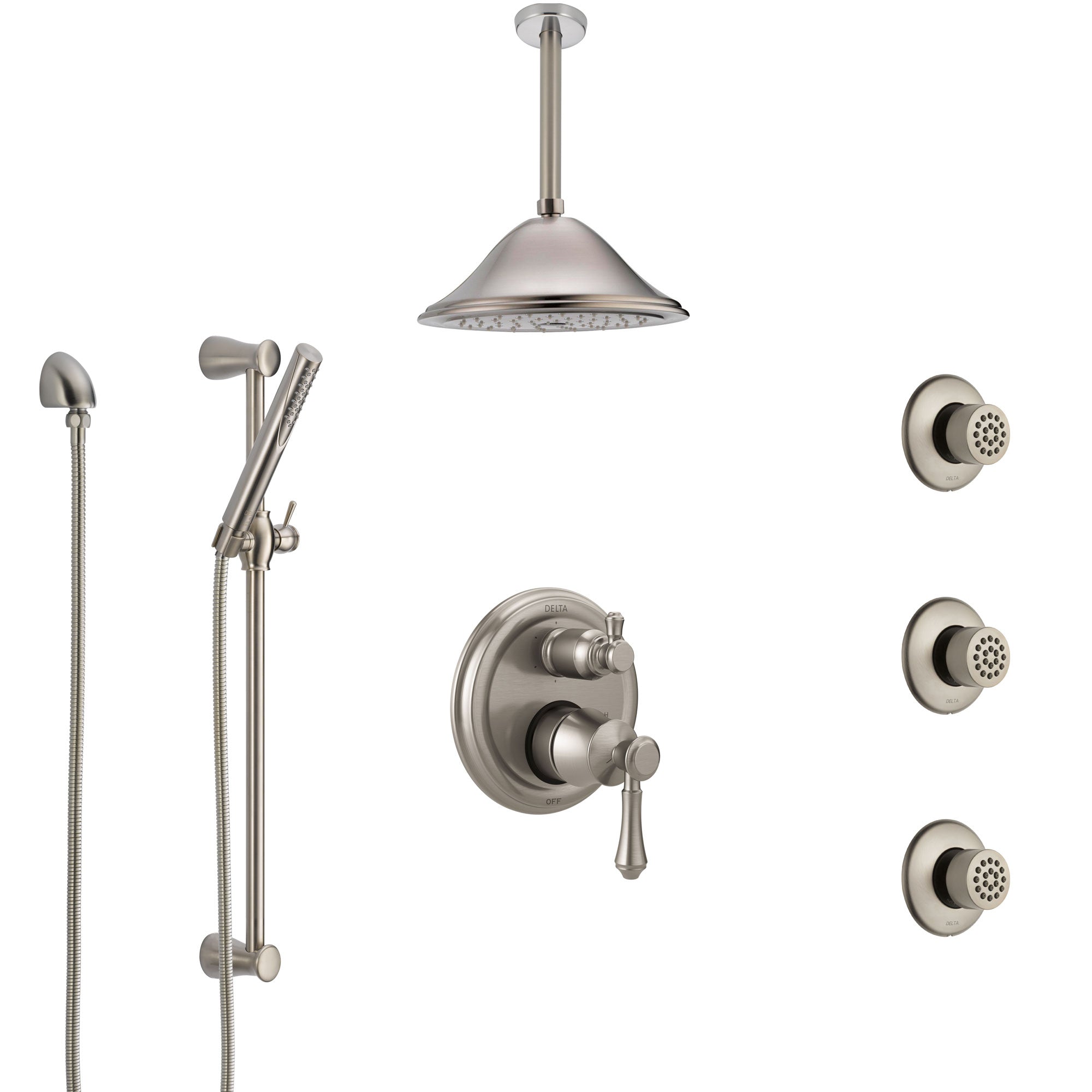 Delta Cassidy Stainless Steel Finish Integrated Diverter Shower System Control Handle, Ceiling Showerhead, 3 Body Sprays, and Hand Shower SS24997SS10