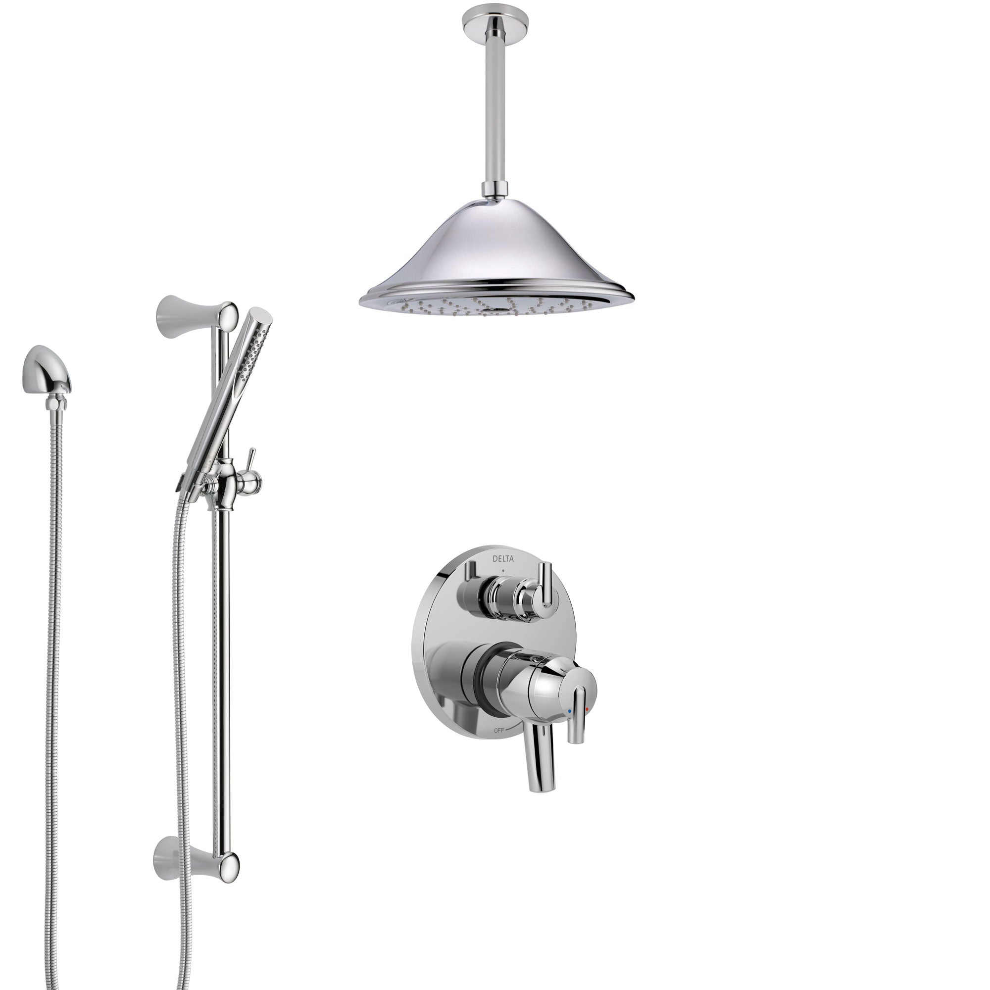Delta Trinsic Chrome Finish Shower System with Dual Control Handle, Integrated Diverter, Ceiling Mount Showerhead, and Hand Shower SS278592