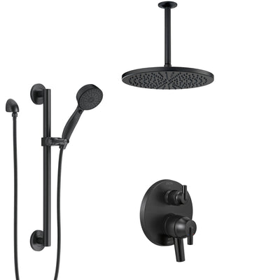 Delta Trinsic Matte Black Finish Modern Shower System with Integrated Diverter, Large Round Ceiling Showerhead, and Grab Bar Hand Spray SS27859BL1