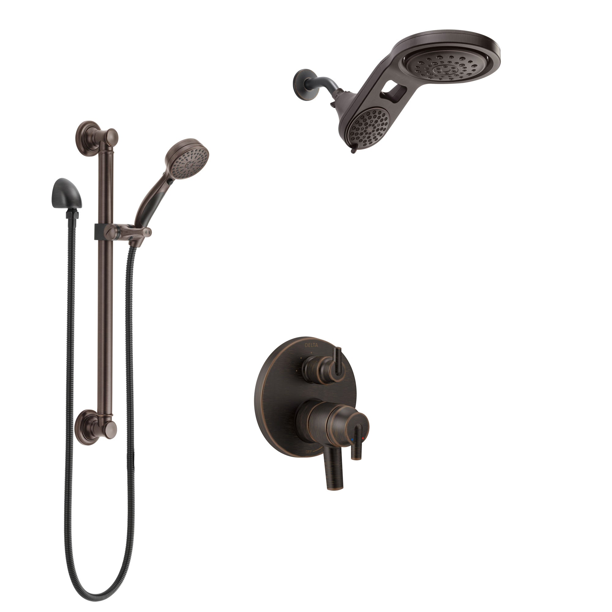 Delta Trinsic Venetian Bronze Shower System with Dual Control Handle, Integrated Diverter, Dual Showerhead, and Hand Shower with Grab Bar SS27859RB4