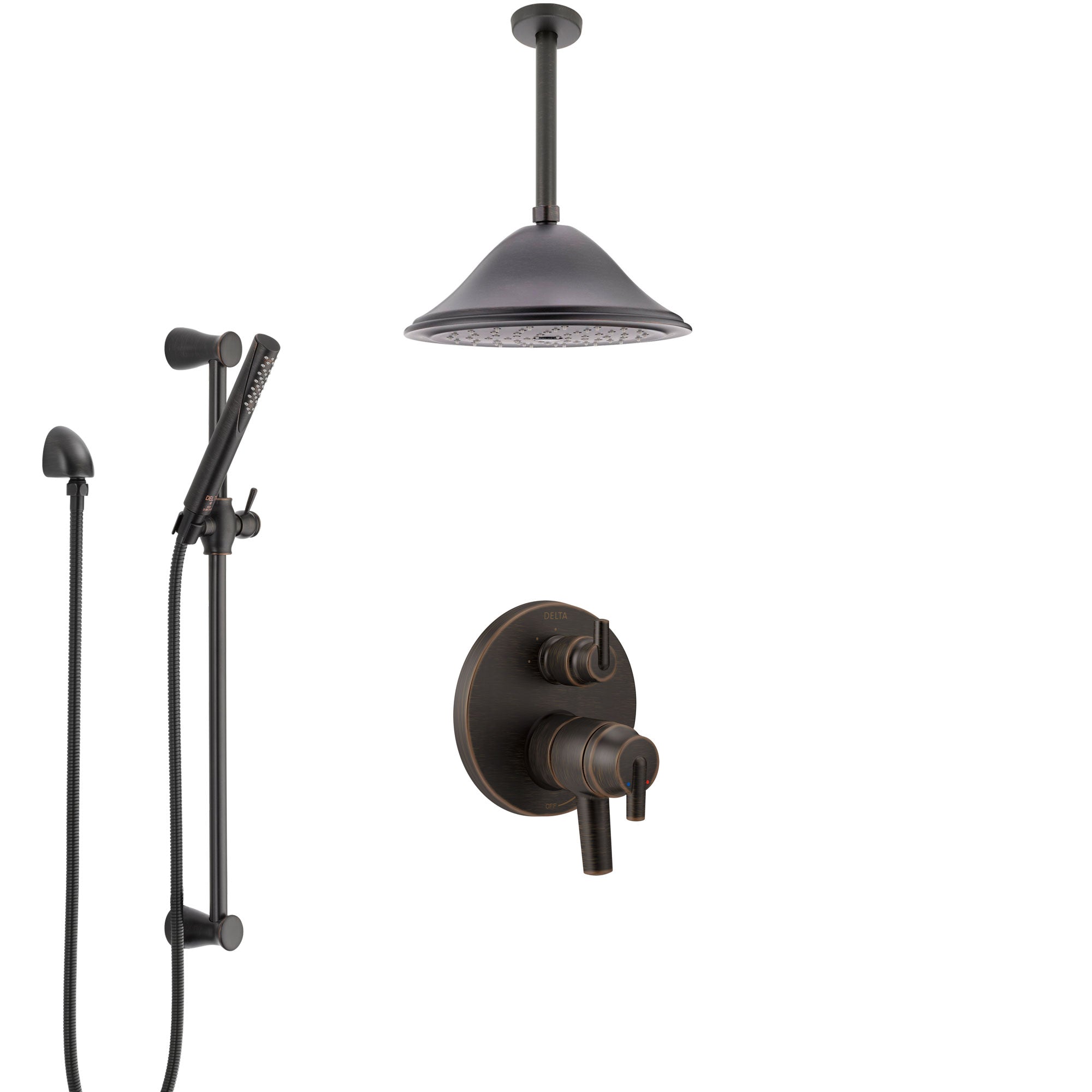 Delta Trinsic Venetian Bronze Shower System with Dual Control Handle, Integrated Diverter, Ceiling Mount Showerhead, and Hand Shower SS27859RB8