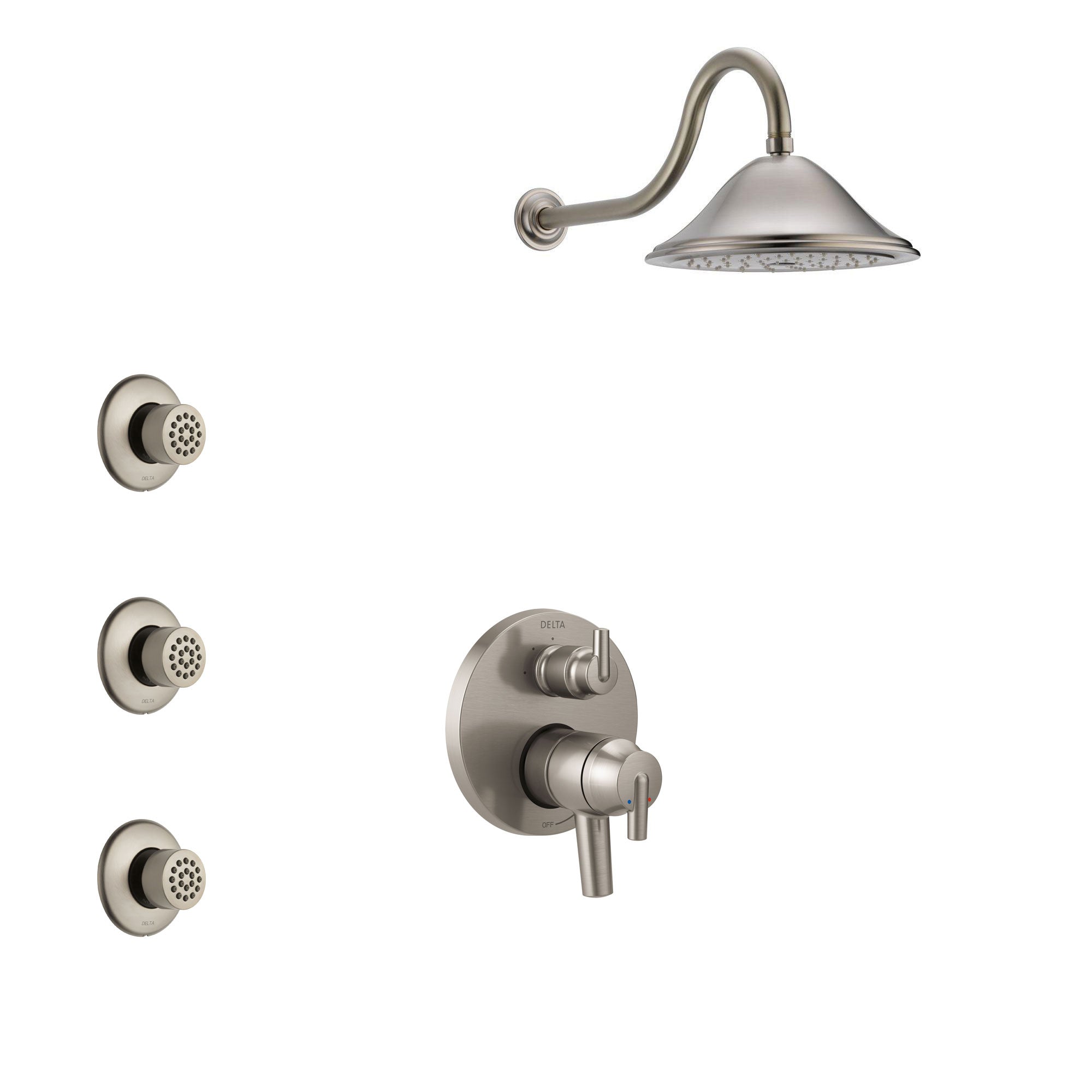 Delta Trinsic Stainless Steel Finish Shower System with Dual Control Handle, Integrated 3-Setting Diverter, Showerhead, and 3 Body Sprays SS27859SS10