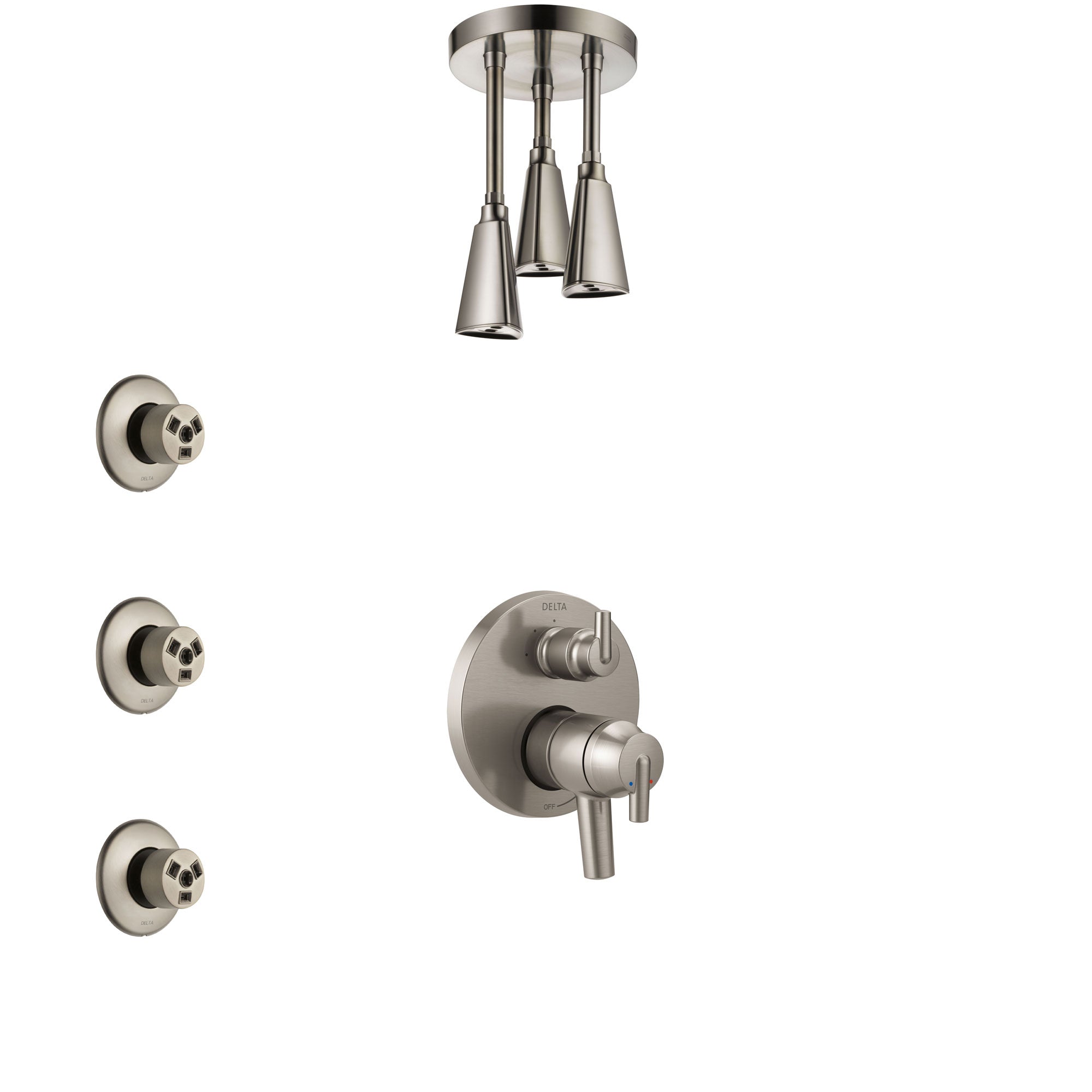 Delta Trinsic Dual Control Handle Stainless Steel Finish Shower System, Integrated Diverter, Ceiling Mount Showerhead, and 3 Body Sprays SS27859SS2