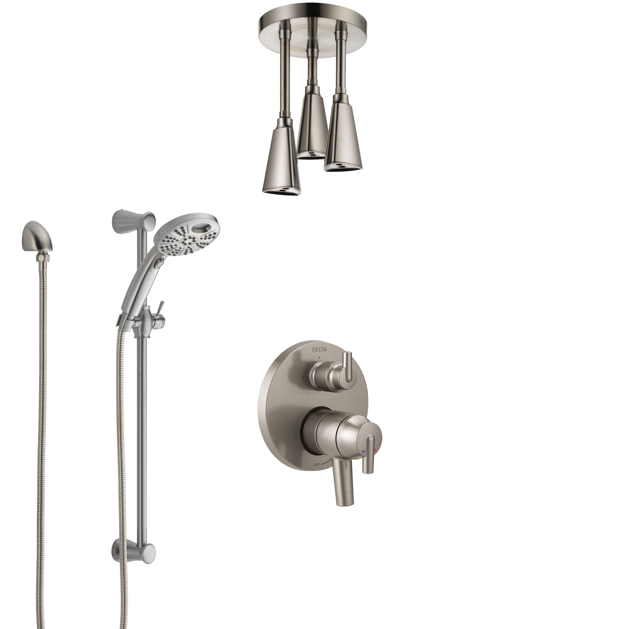 Delta Trinsic Dual Control Handle Stainless Steel Finish Shower System, Integrated Diverter, Ceiling Mount Showerhead, & Temp2O Hand Shower SS27859SS3
