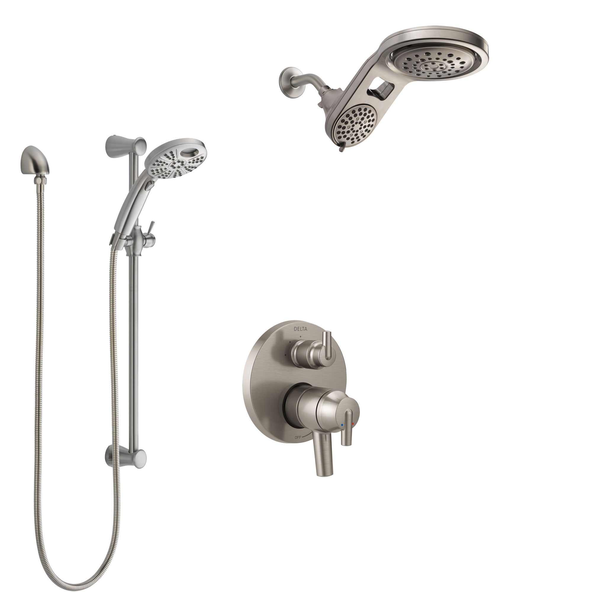 Delta Trinsic Dual Control Handle Stainless Steel Finish Shower System, Integrated Diverter, Dual Showerhead, and Temp2O Hand Shower SS27859SS4