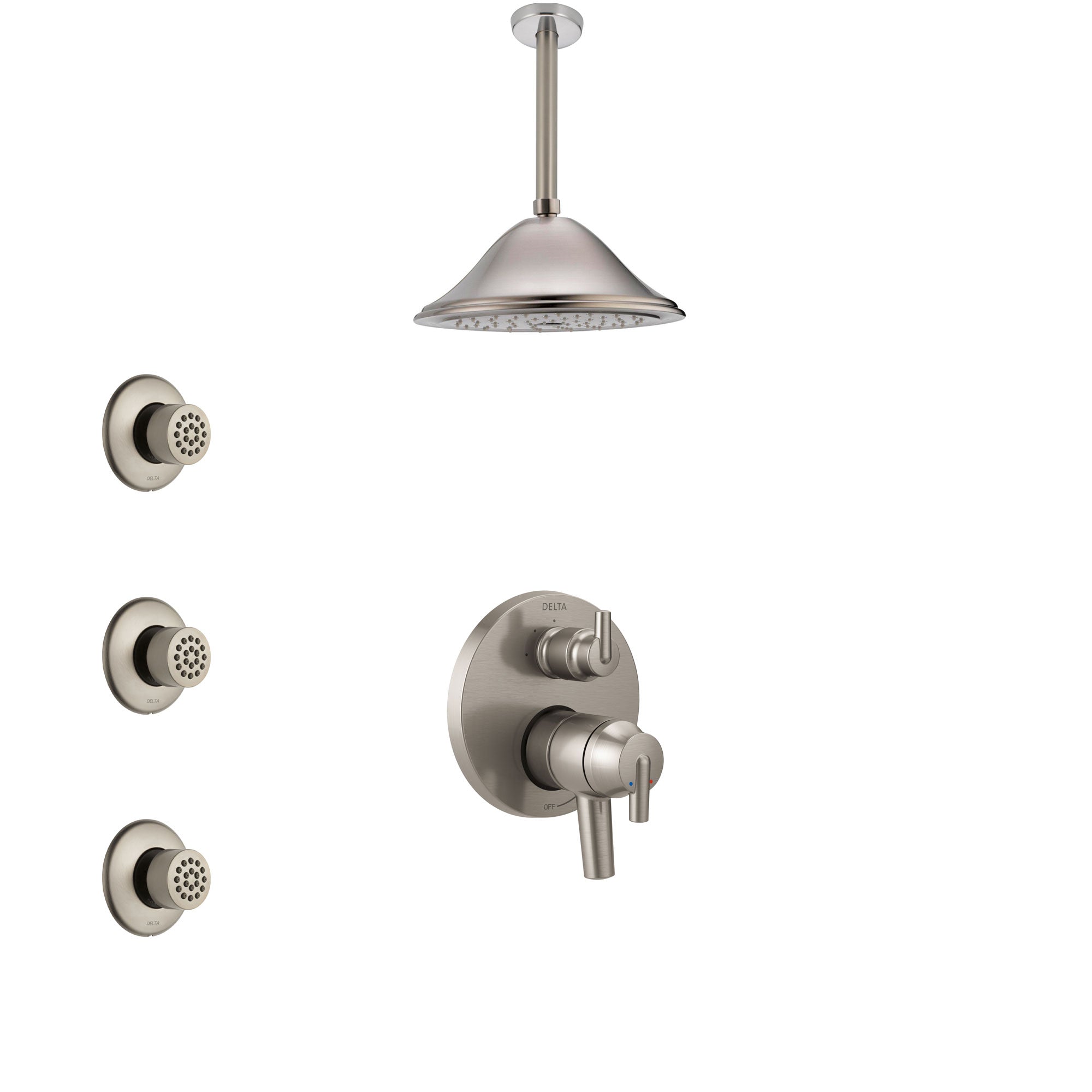 Delta Trinsic Dual Control Handle Stainless Steel Finish Shower System, Integrated Diverter, Ceiling Mount Showerhead, and 3 Body Sprays SS27859SS6