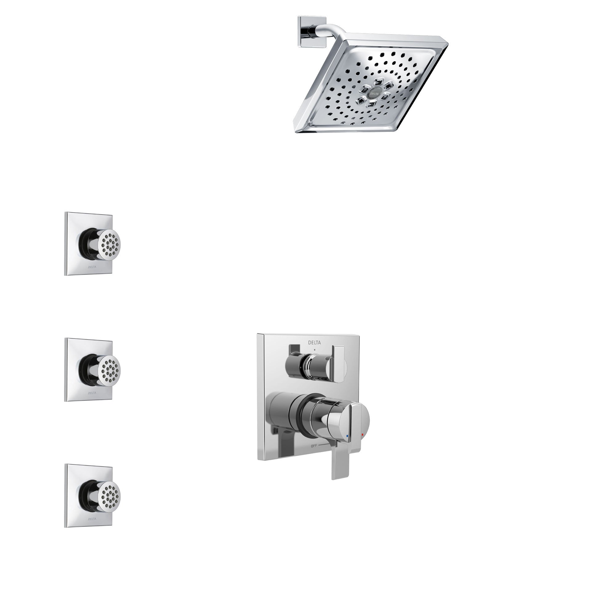 Delta Ara Chrome Finish Shower System with Dual Control Handle, Integrated 3-Setting Diverter, Showerhead, and 3 Body Sprays SS278673