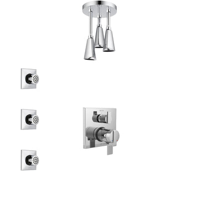 Delta Ara Chrome Finish Shower System with Dual Control Handle, Integrated 3-Setting Diverter, Ceiling Mount Showerhead, and 3 Body Sprays SS278674