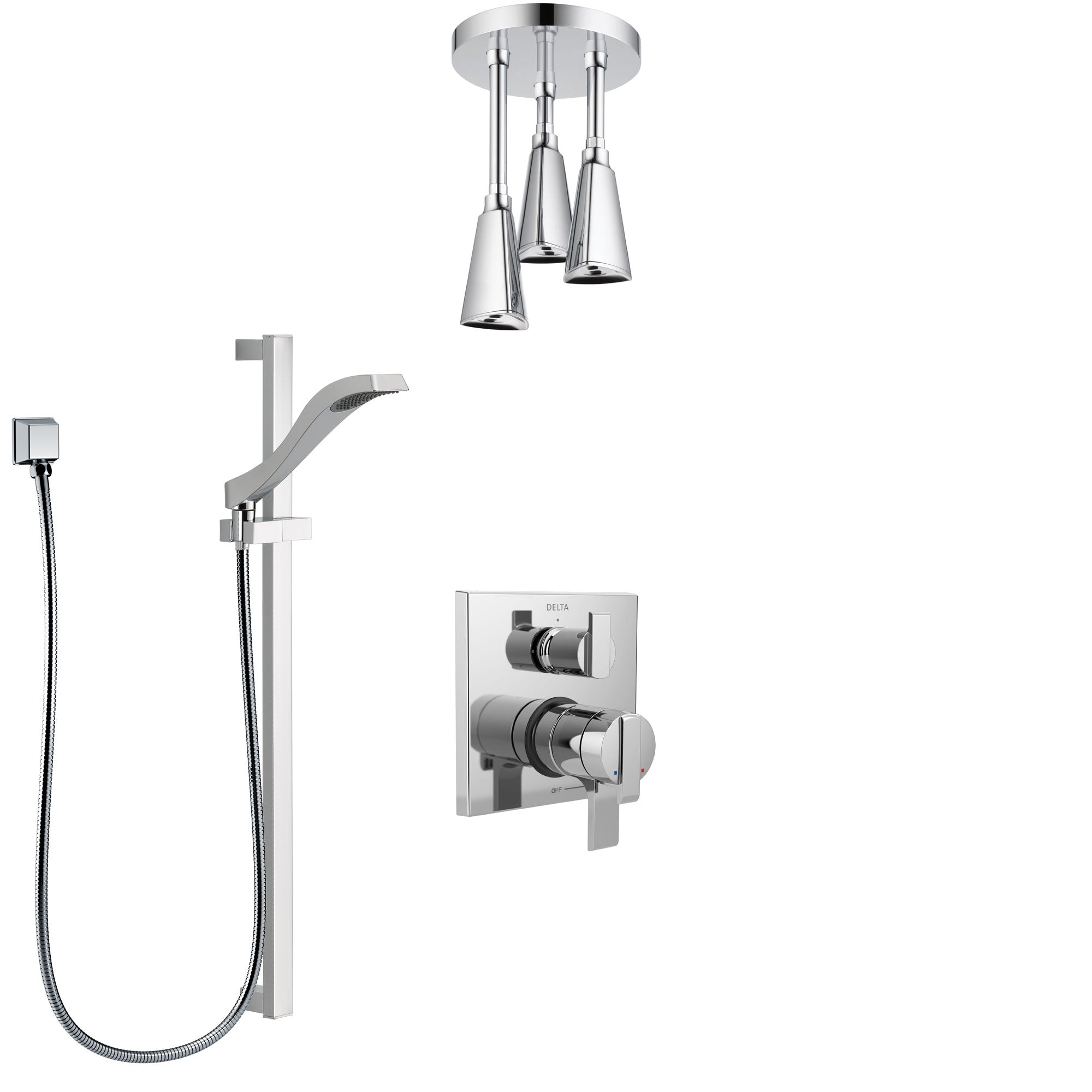 Delta Ara Chrome Finish Shower System with Dual Control Handle, Integrated Diverter, Ceiling Mount Showerhead, and Hand Shower with Slidebar SS278676