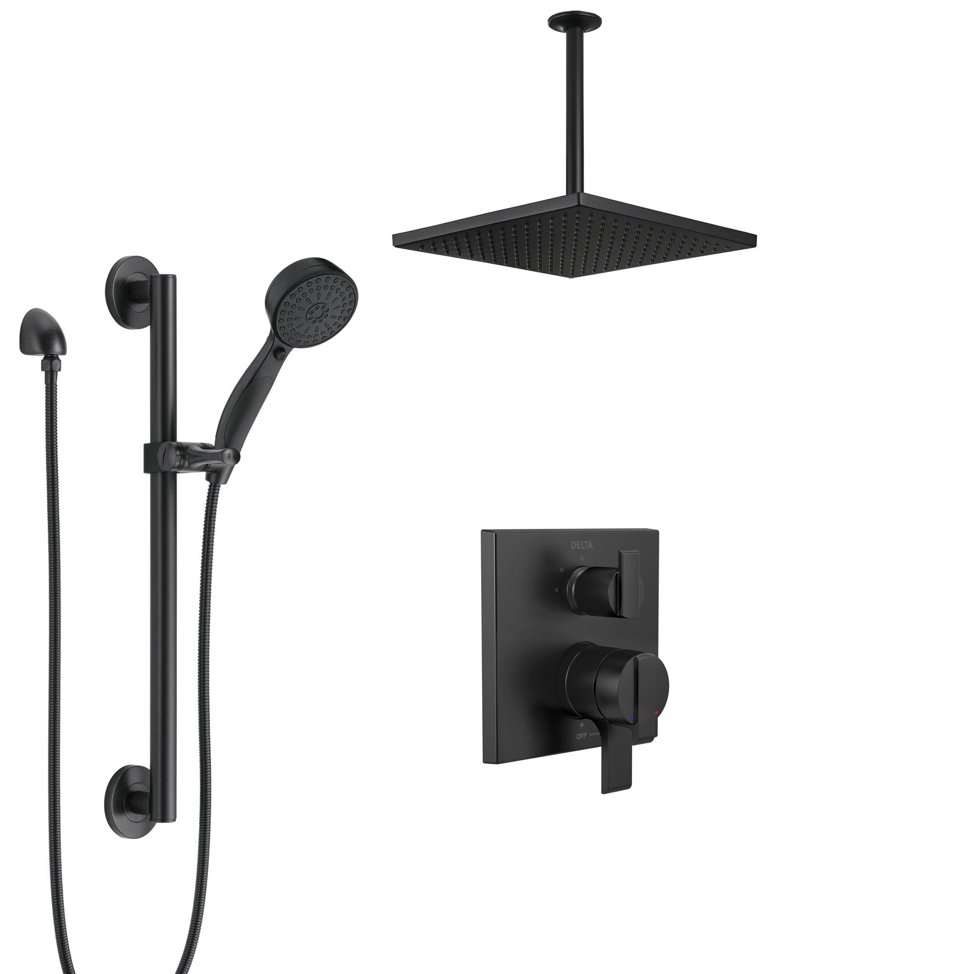 Delta Ara Matte Black Finish Shower System with Integrated Diverter Control, Hand Shower with Grab Bar, and Large Ceiling Mount Showerhead SS27867BL1
