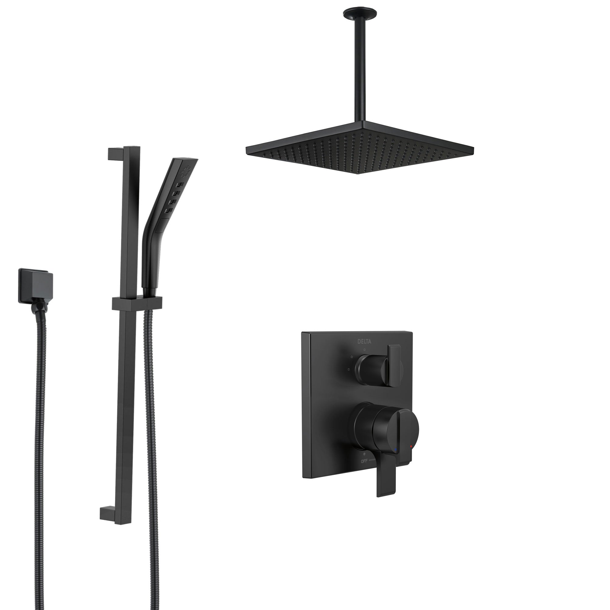 Delta Ara Matte Black Finish Shower System with Integrated Diverter Control, Hand Shower with Slide Bar, and Large Ceiling Mount Showerhead SS27867BL2