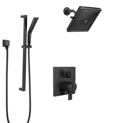 Delta Ara Matte Black Finish Integrated Diverter Shower System with Wall Mount Multi-Setting Showerhead and Hand Shower with Slide Bar SS27867BL6