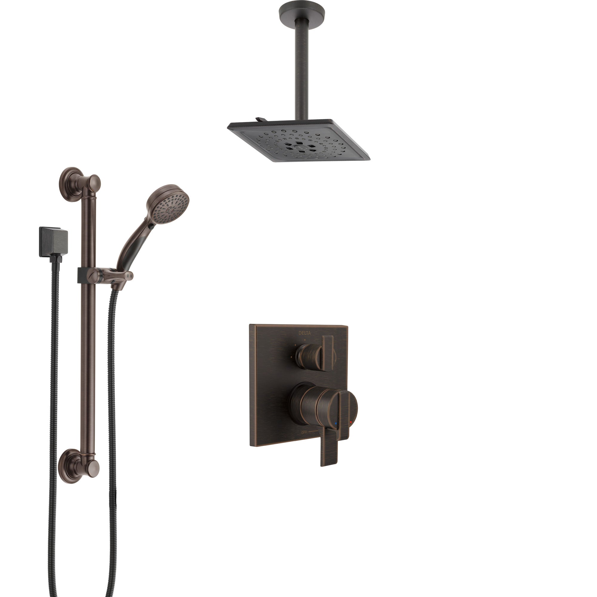 Delta Ara Venetian Bronze Shower System with Dual Control Handle, Integrated Diverter, Ceiling Mount Showerhead, and Grab Bar Hand Shower SS27867RB4