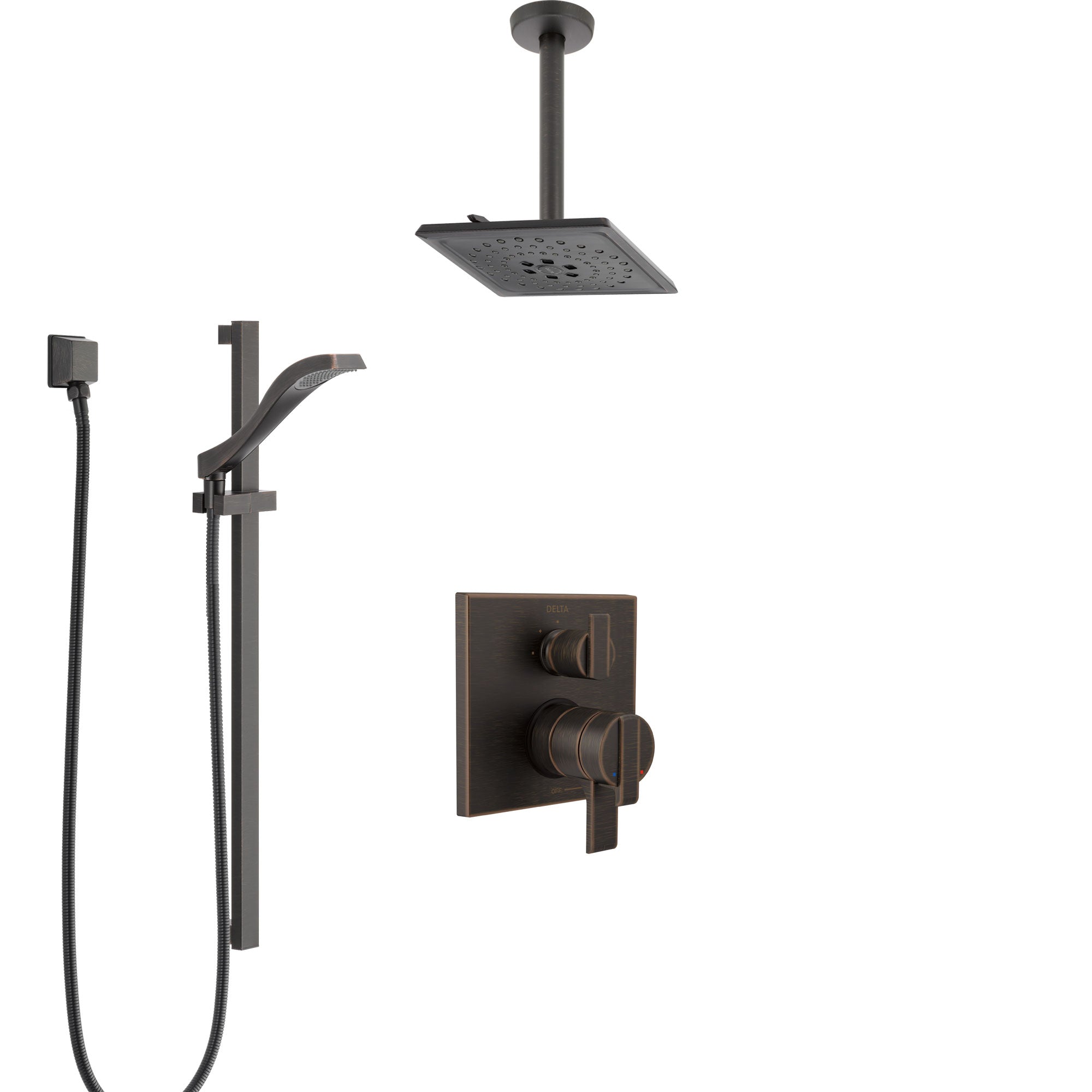 Delta Ara Venetian Bronze Shower System with Dual Control Handle, Integrated Diverter, Ceiling Mount Showerhead, and Hand Shower SS27867RB5
