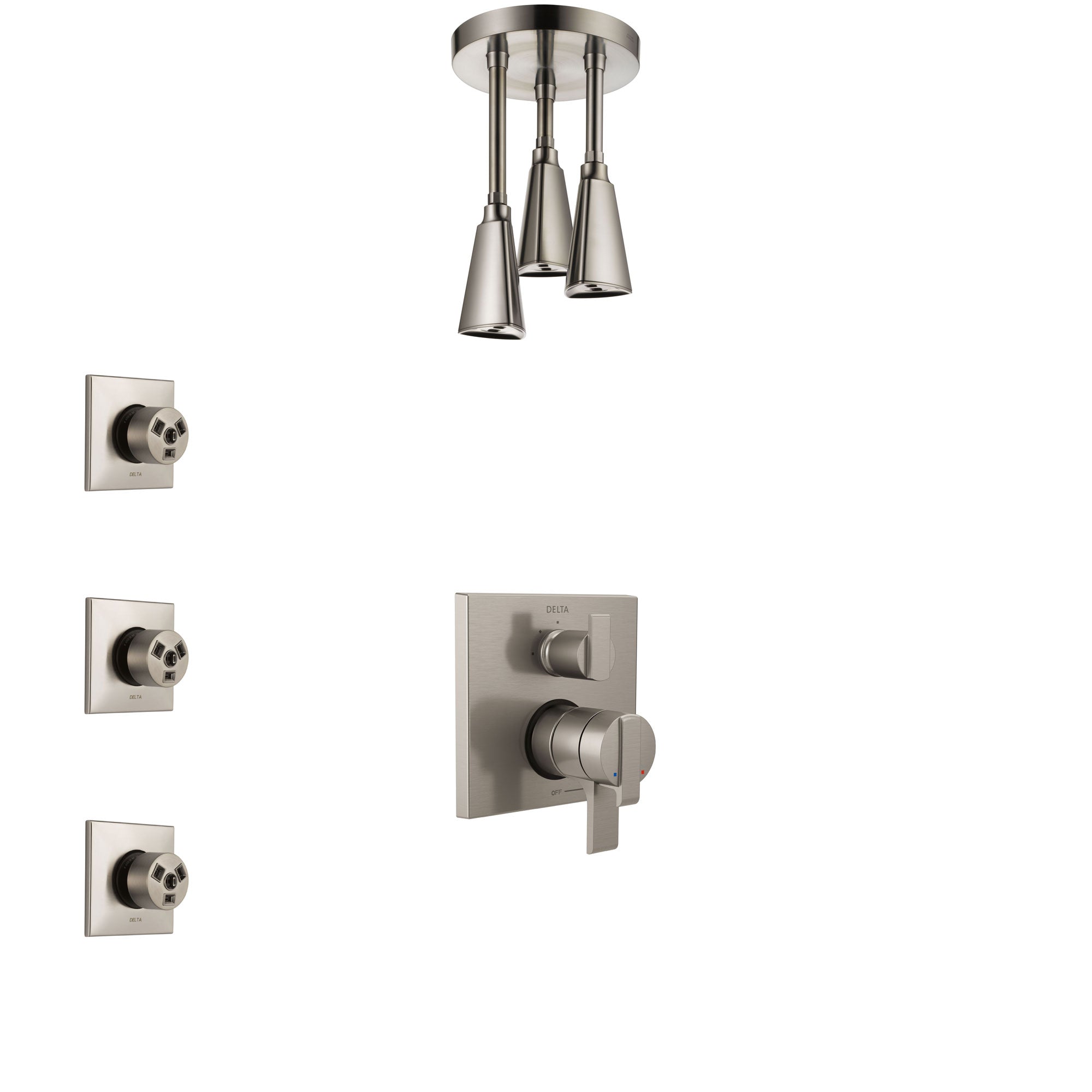 Delta Ara Stainless Steel Finish Shower System with Dual Control Handle, Integrated Diverter, Ceiling Mount Showerhead, and 3 Body Sprays SS27867SS10