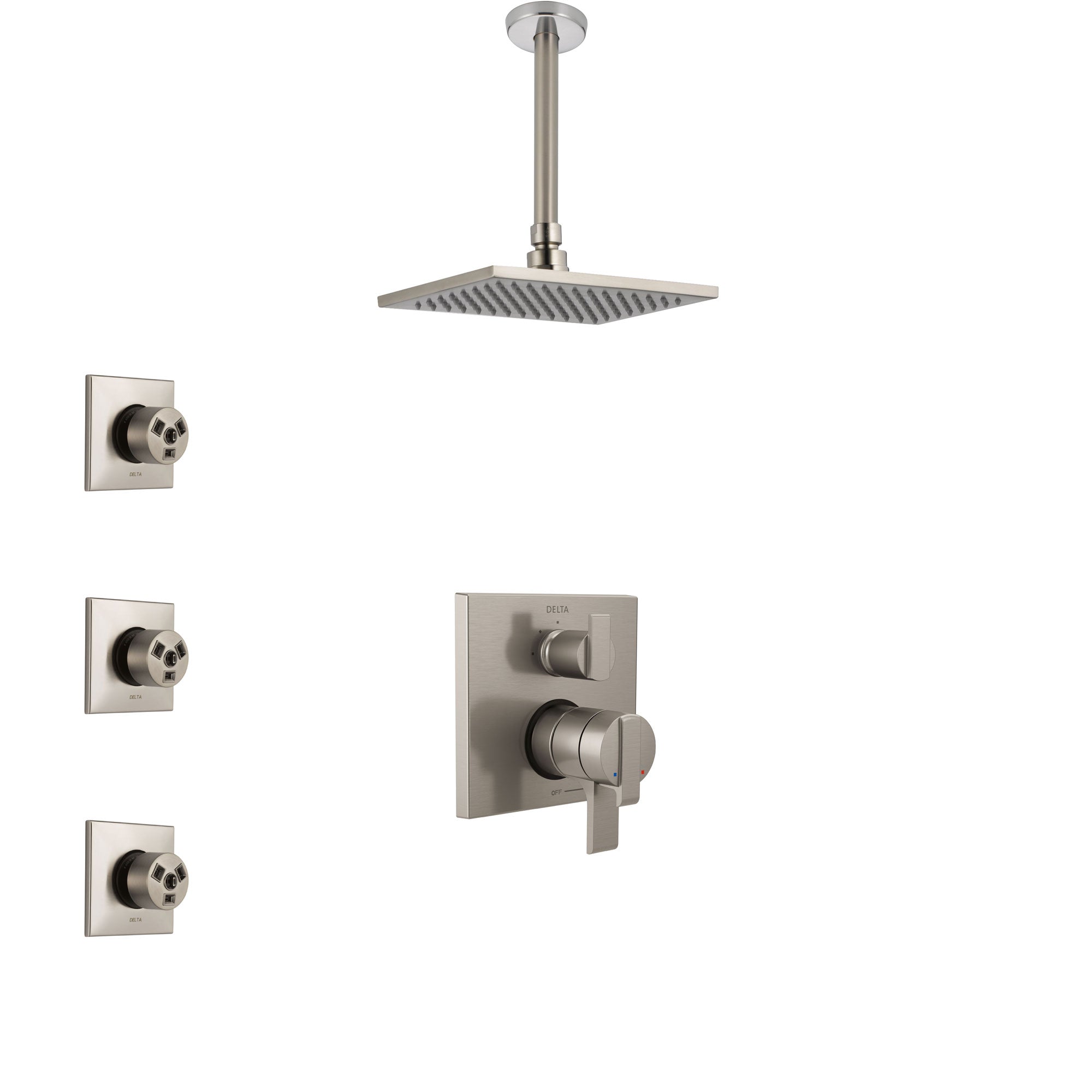 Delta Ara Stainless Steel Finish Shower System with Dual Control Handle, Integrated Diverter, Ceiling Mount Showerhead, and 3 Body Sprays SS27867SS11