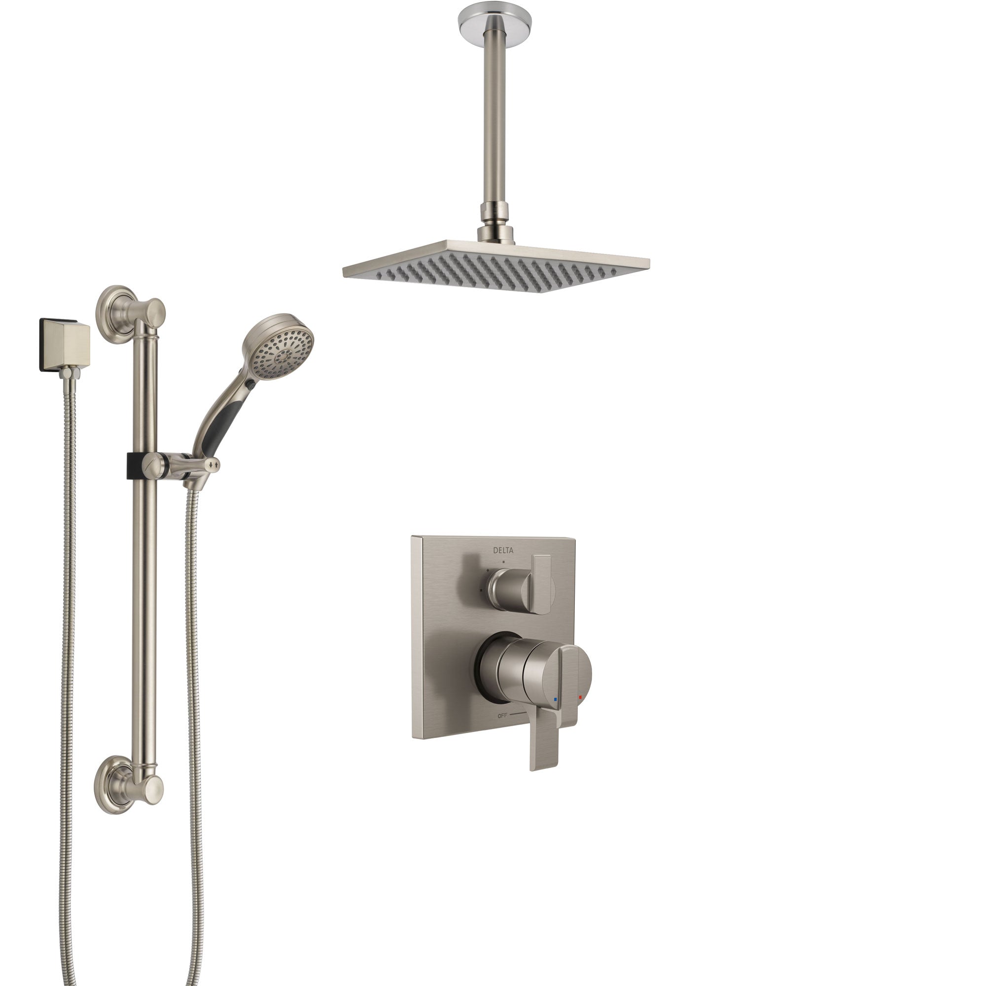 Delta Ara Dual Control Handle Stainless Steel Finish Integrated Diverter Shower System, Ceiling Mount Showerhead, and Grab Bar Hand Shower SS27867SS2