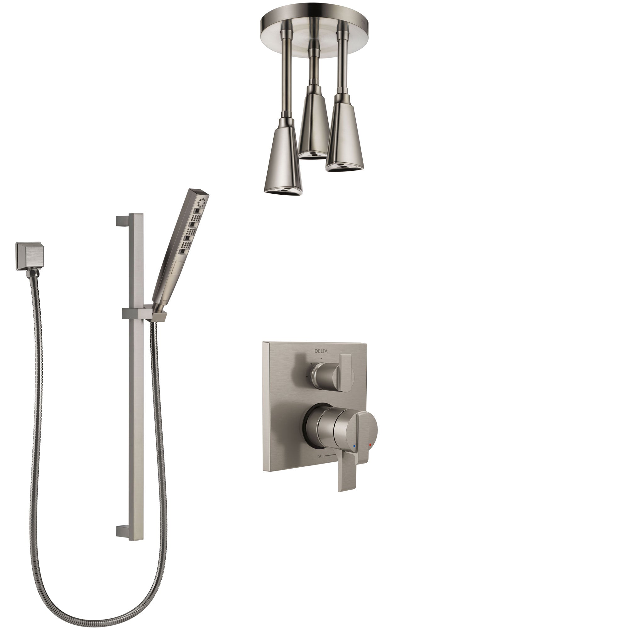 Delta Ara Dual Control Handle Stainless Steel Finish Shower System, Integrated Diverter, Ceiling Mount Showerhead, and Hand Shower SS27867SS6