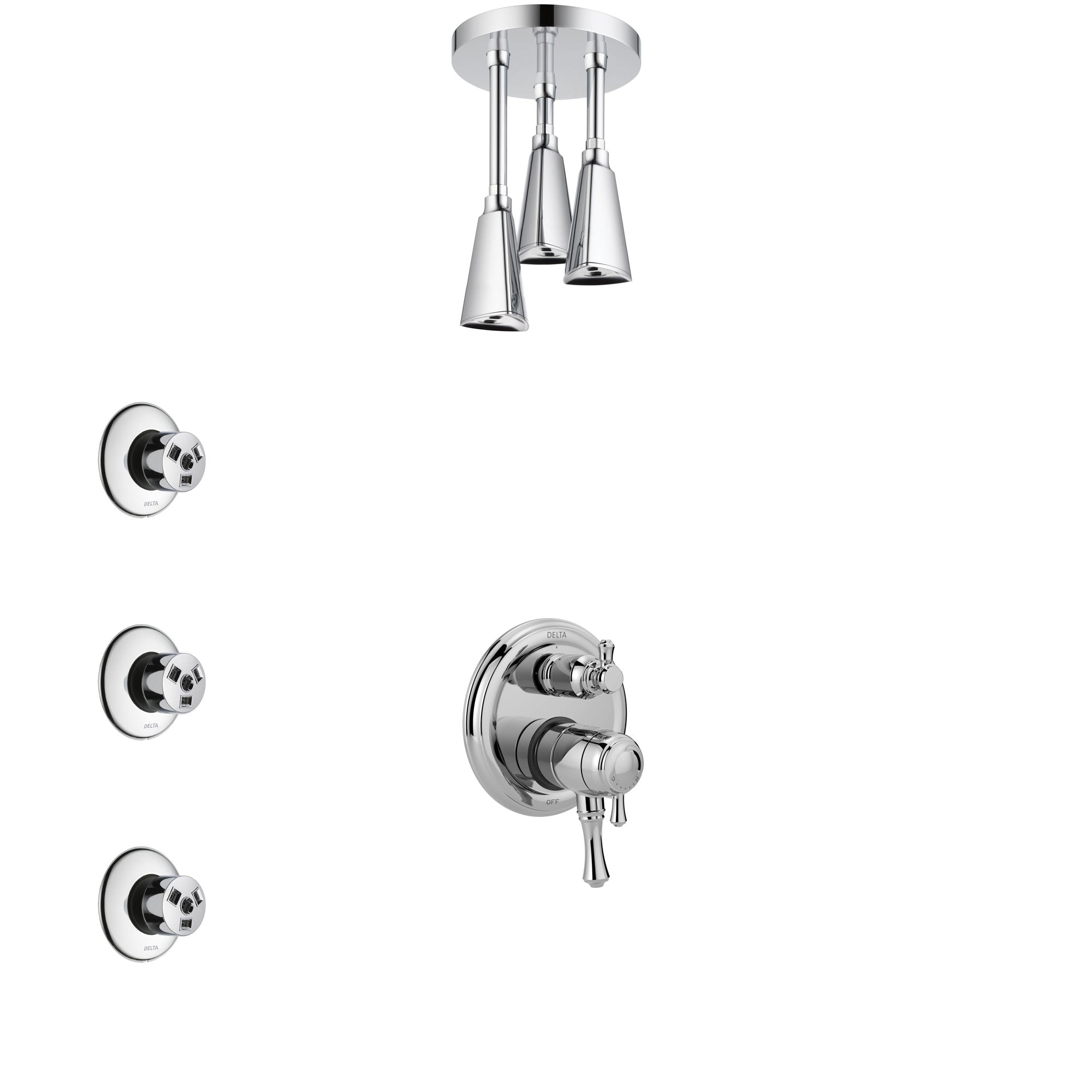 Delta Cassidy Chrome Finish Shower System with Dual Control Handle, Integrated Diverter, Ceiling Mount Showerhead, and 3 Body Sprays SS278978