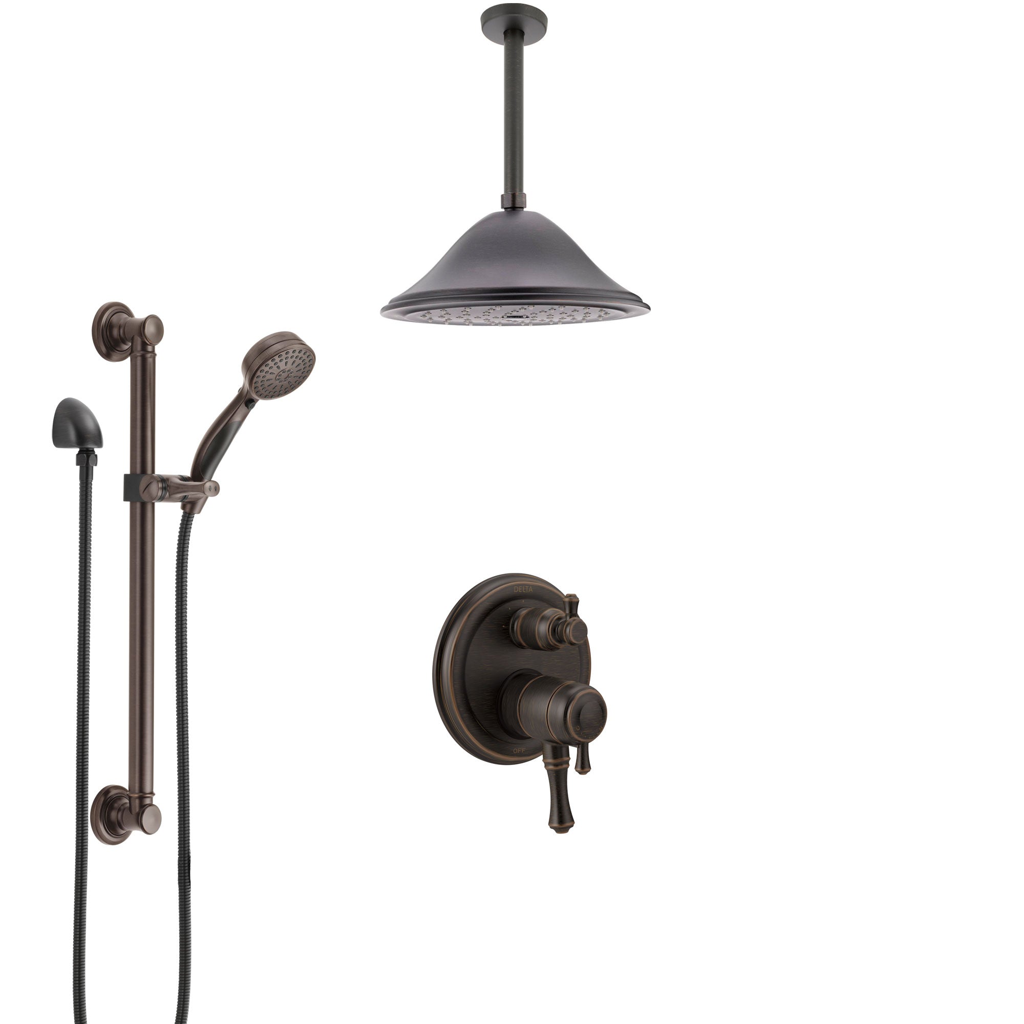 Delta Cassidy Venetian Bronze Shower System with Dual Control Handle, Integrated Diverter, Ceiling Showerhead, and Grab Bar Hand Shower SS27897RB8