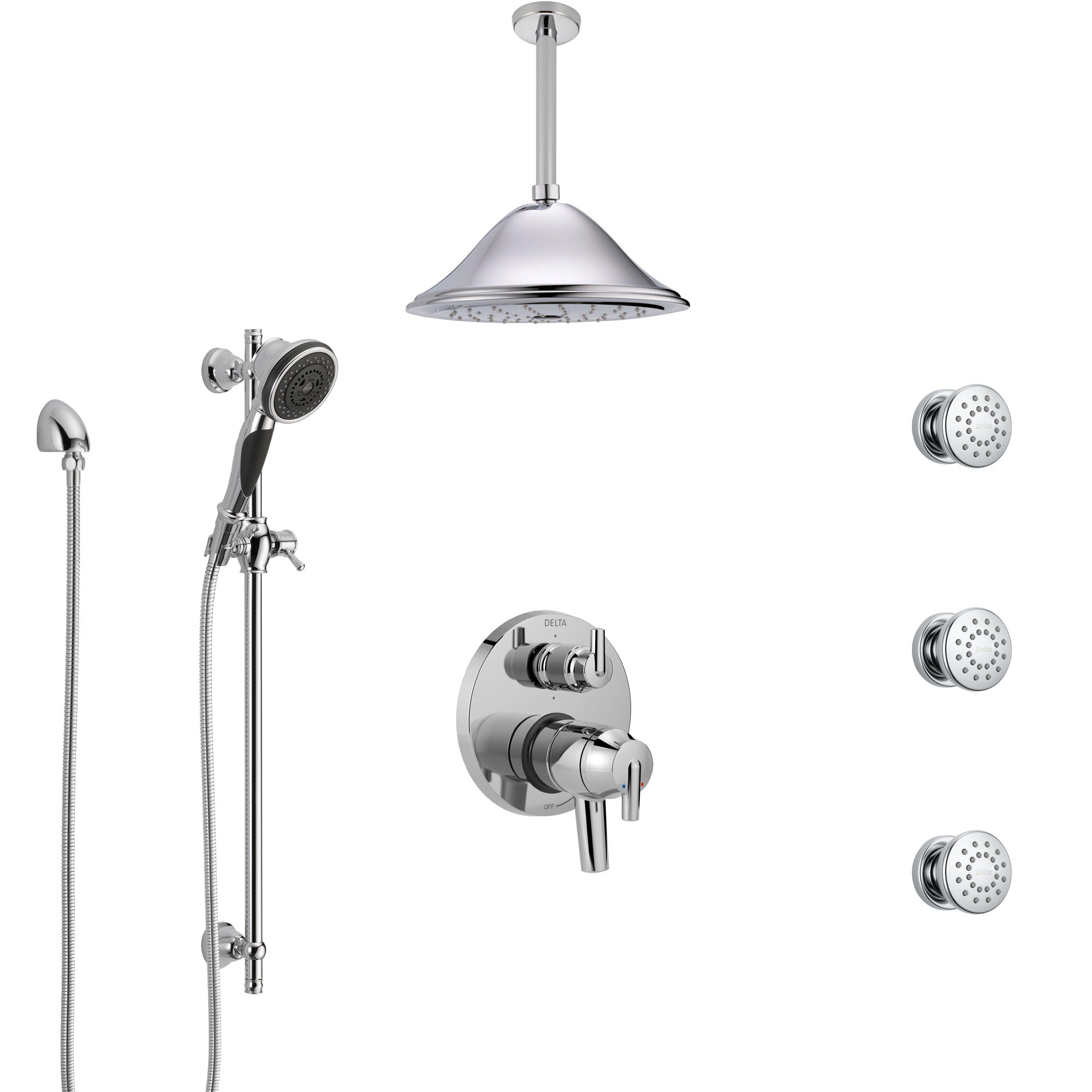 Delta Trinsic Chrome Shower System with Dual Control Handle, Integrated Diverter, Ceiling Mount Showerhead, 3 Body Sprays, and Hand Shower SS279598