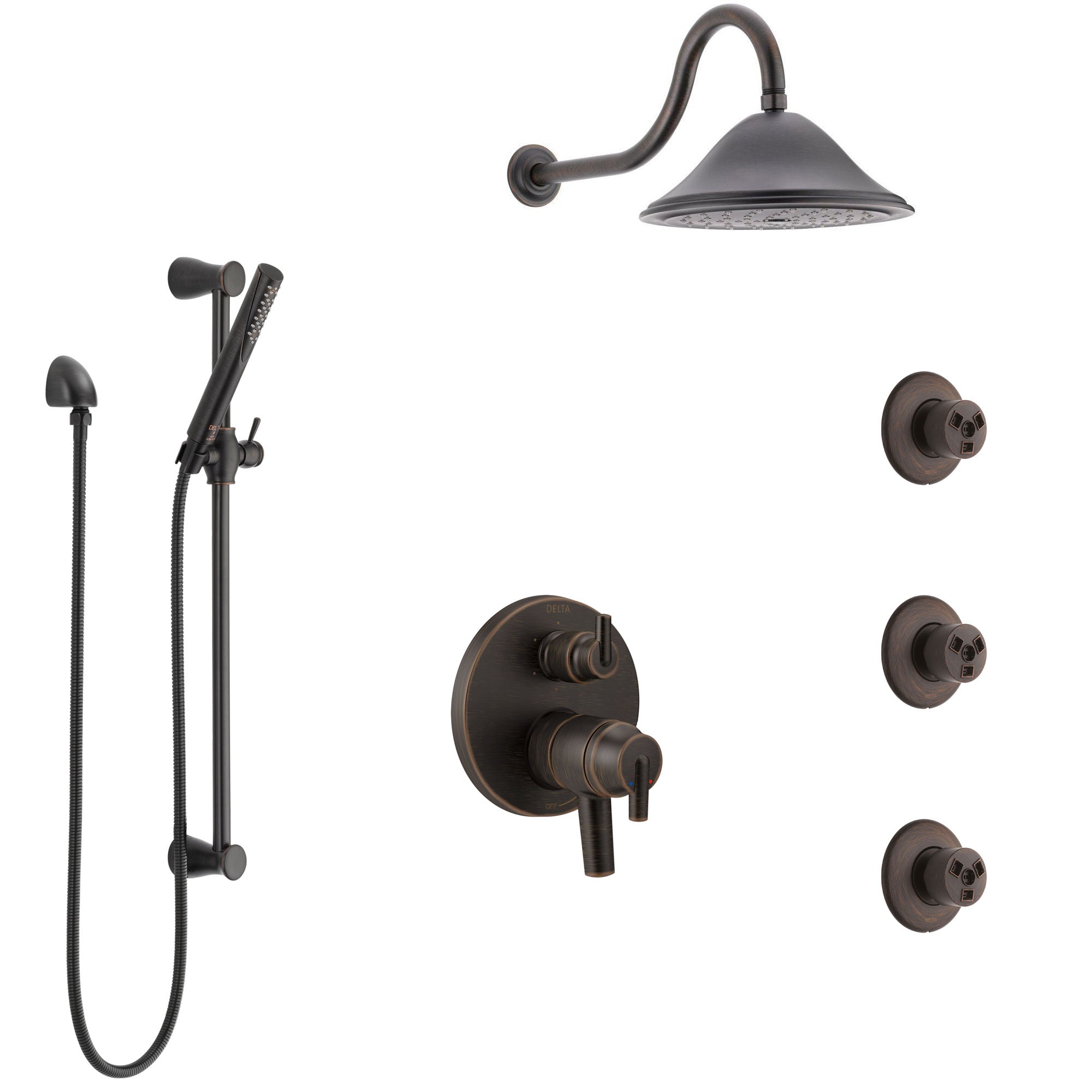Delta Trinsic Venetian Bronze Shower System with Dual Control Handle, Integrated Diverter, Showerhead, 3 Body Sprays, and Hand Shower SS27959RB11