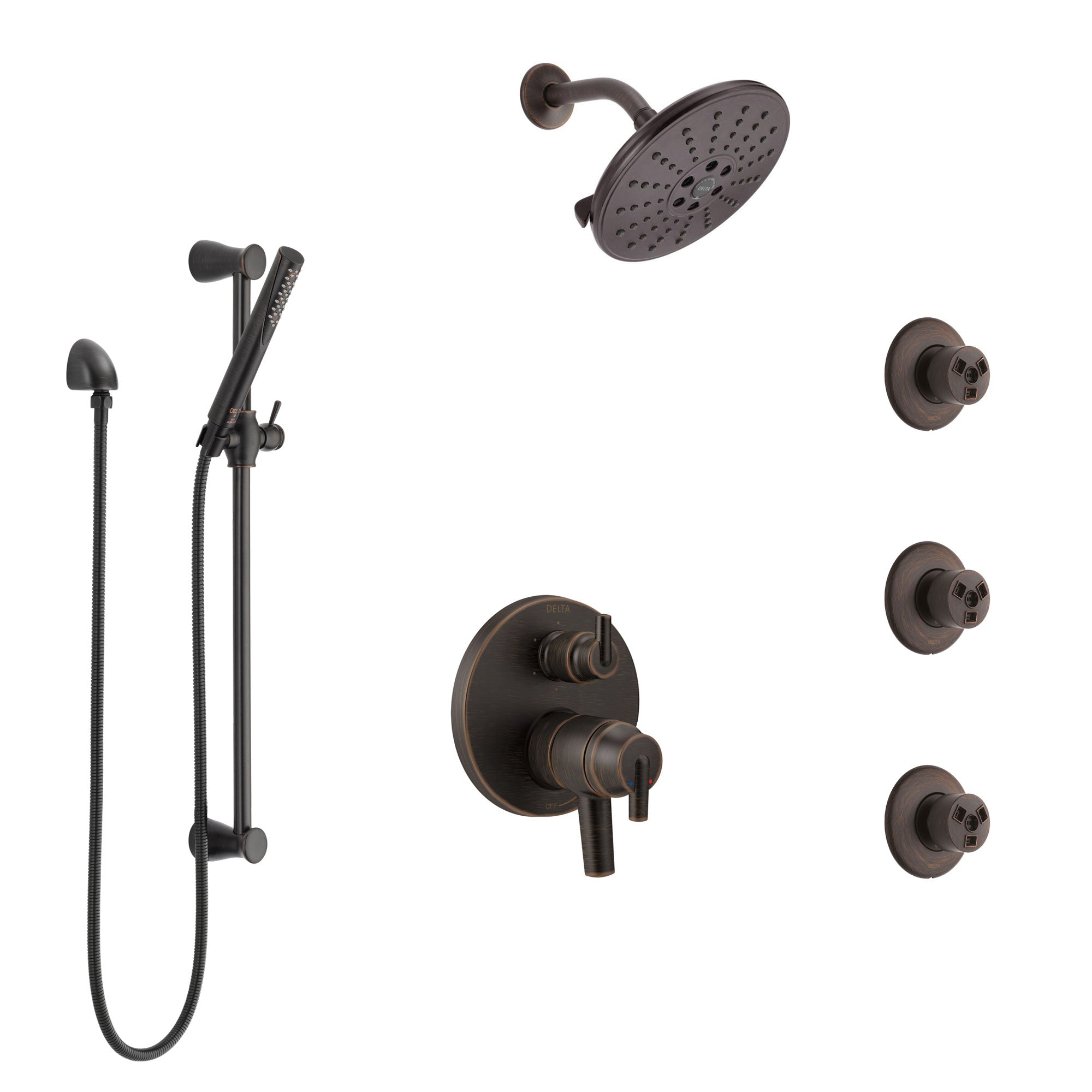 Delta Trinsic Venetian Bronze Shower System with Dual Control Handle, Integrated Diverter, Showerhead, 3 Body Sprays, and Hand Shower SS27959RB1