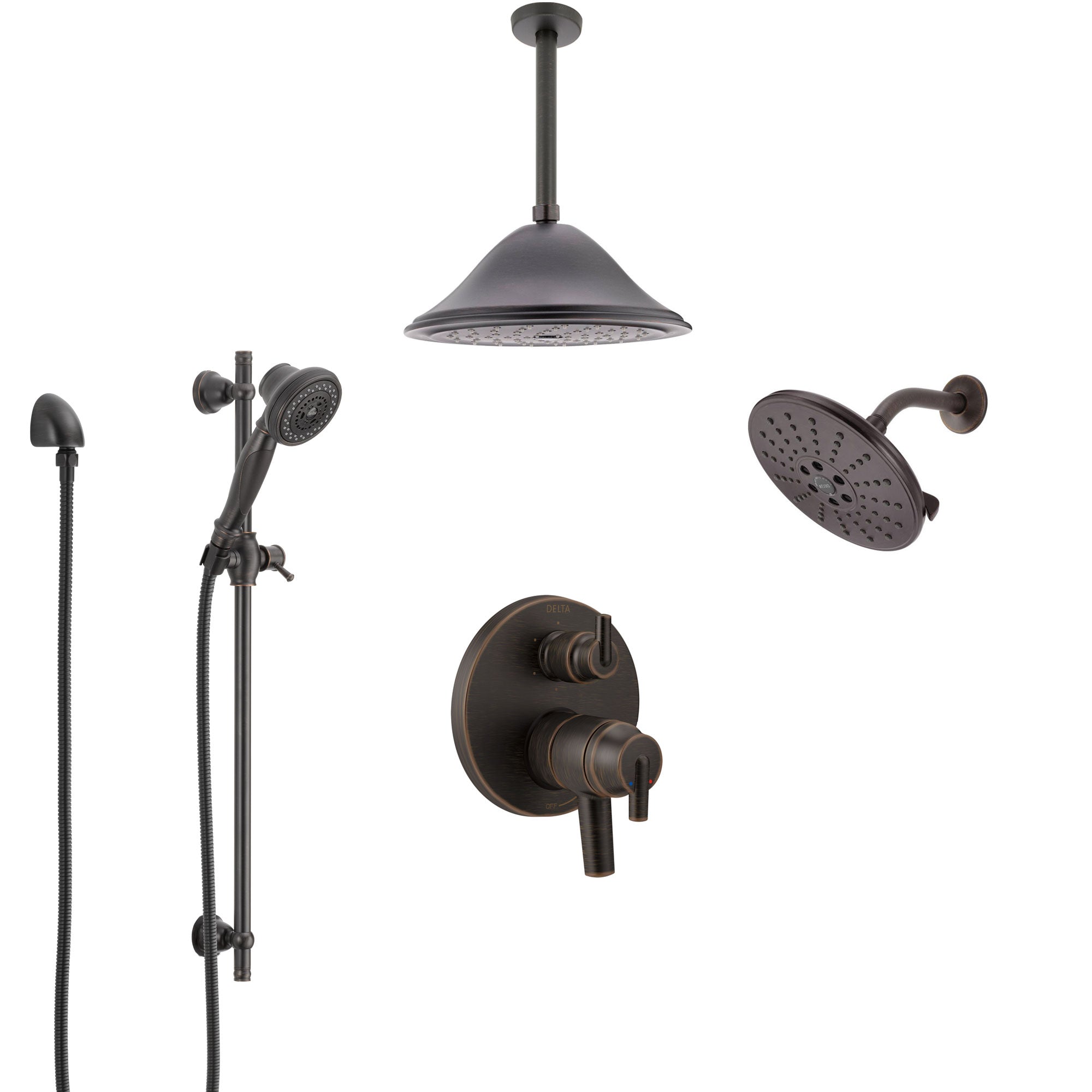 Delta Trinsic Venetian Bronze Shower System with Dual Control Handle, Integrated Diverter, Showerhead, Ceiling Showerhead, and Hand Shower SS27959RB6