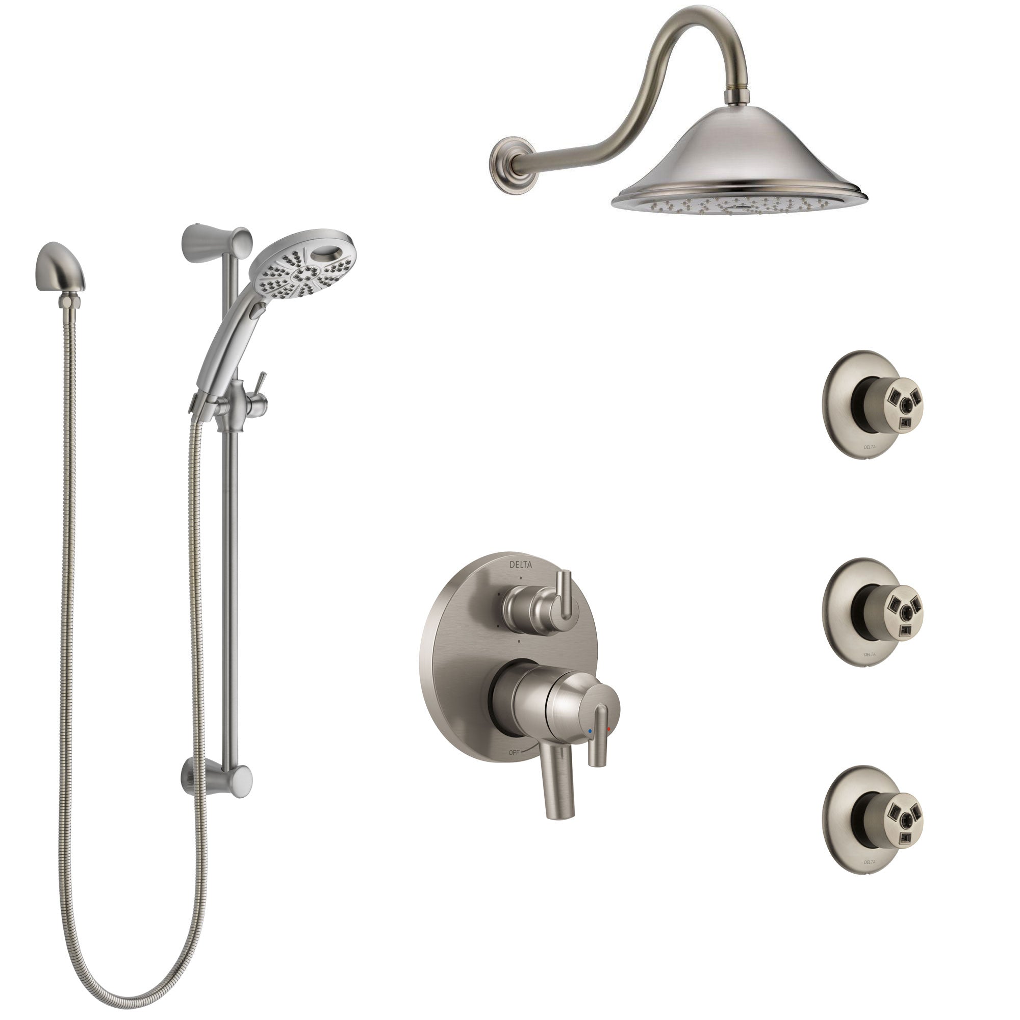Delta Trinsic Dual Control Stainless Steel Finish Shower System, Integrated Diverter, Showerhead, 3 Body Sprays, and Temp2O Hand Shower SS27959SS12