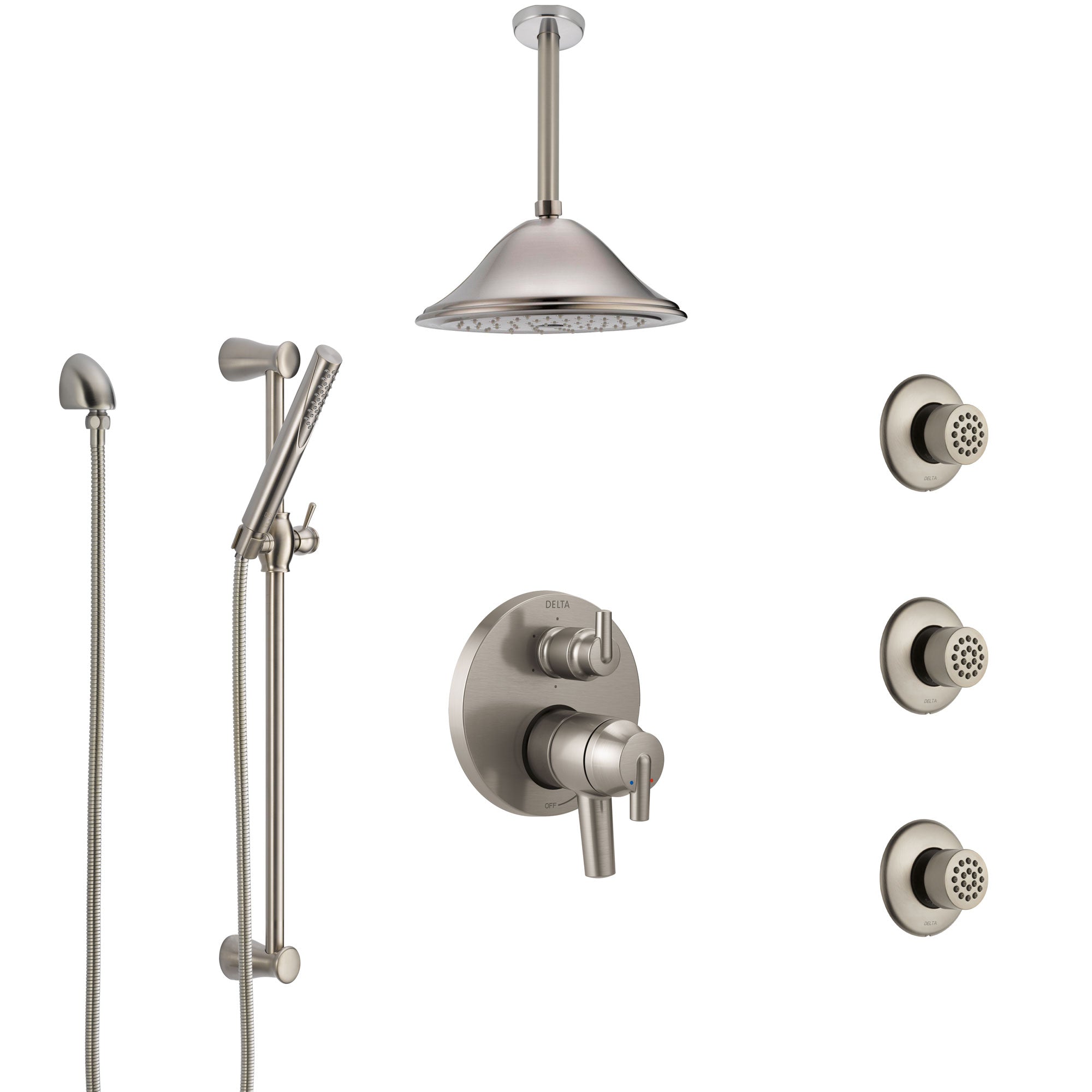 Delta Trinsic Dual Control Handle Stainless Steel Finish Integrated Diverter Shower System, Ceiling Showerhead, 3 Body Sprays, Hand Spray SS27959SS7