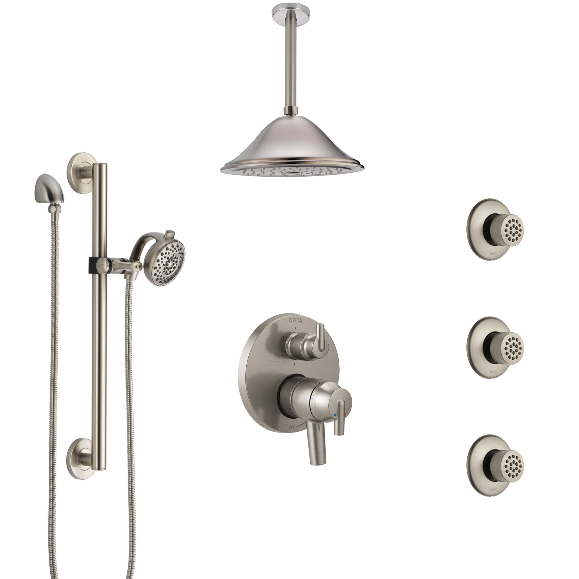 Delta Trinsic Dual Control Handle Stainless Steel Finish Shower System, Ceiling Showerhead, 3 Body Jets, Grab Bar Hand Spray SS27959SS8