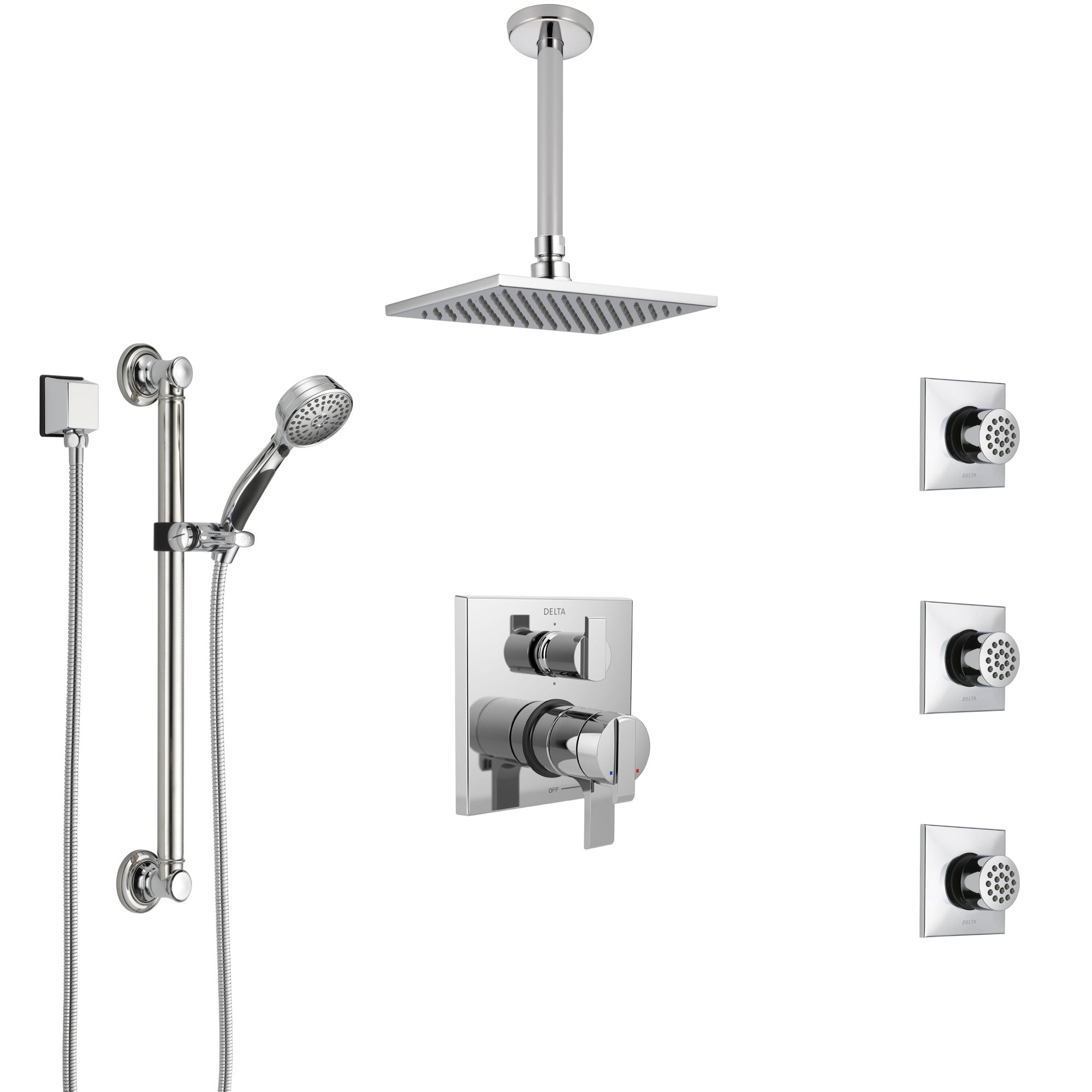 Delta Ara Chrome Shower System with Dual Control Handle, Integrated Diverter, Ceiling Showerhead, 3 Body Sprays, and Grab Bar Hand Shower SS2796710