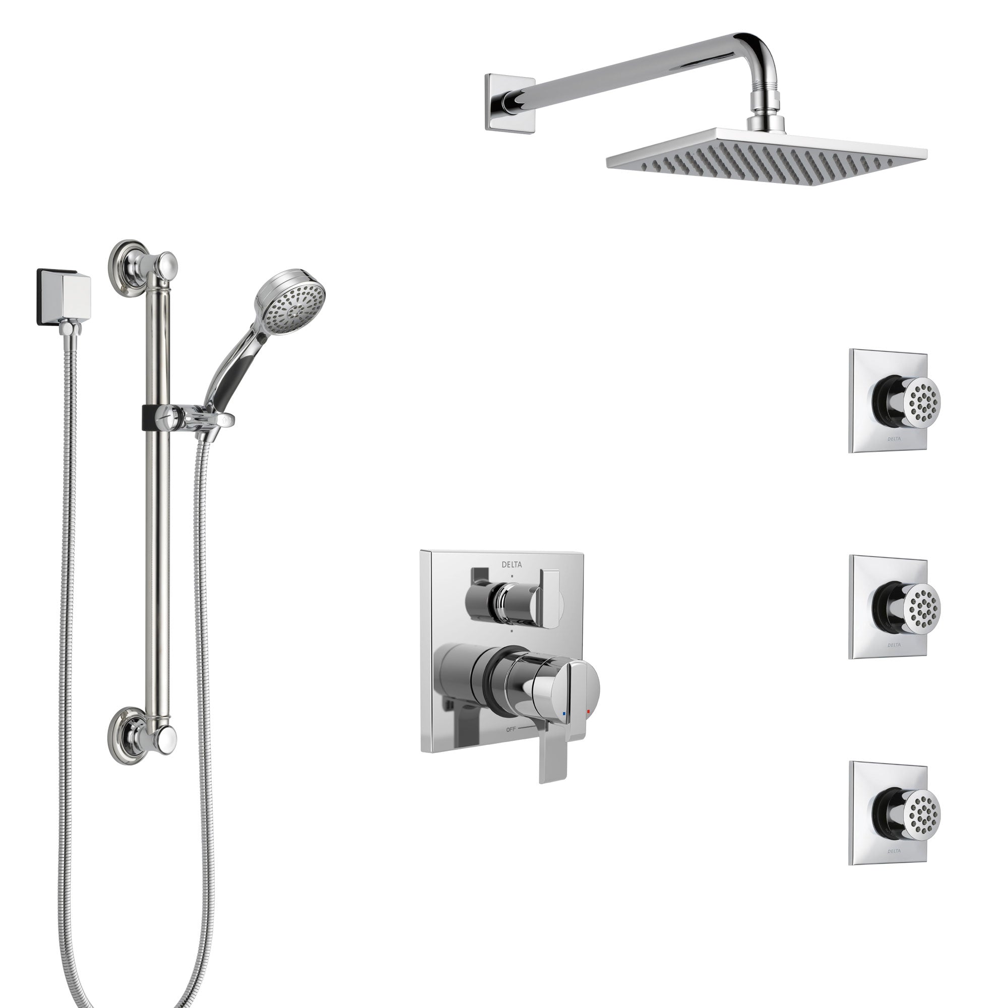 Delta Ara Chrome Shower System with Dual Control Handle, Integrated Diverter, Showerhead, 3 Body Sprays, and Hand Shower with Grab Bar SS279672