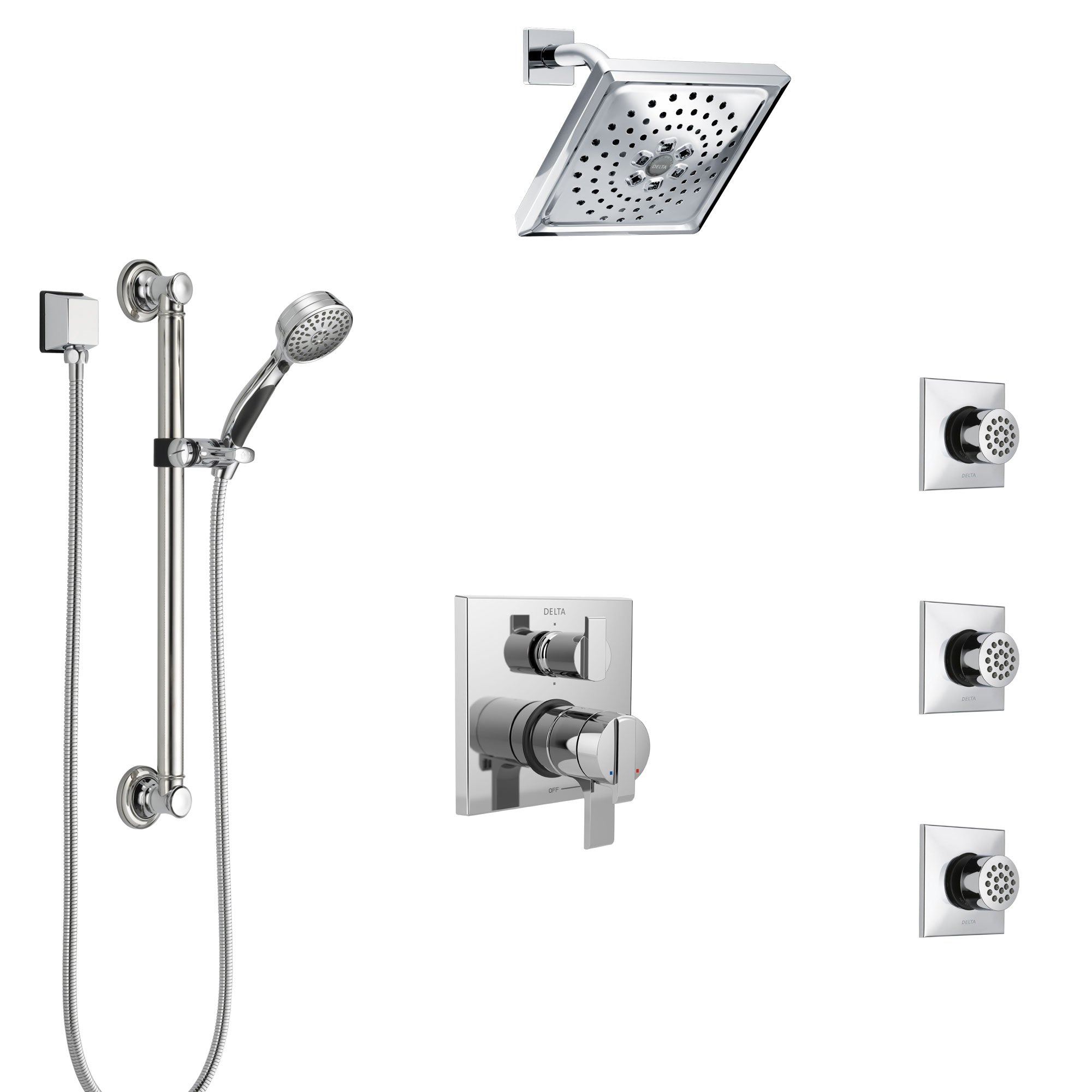 Delta Ara Chrome Shower System with Dual Control Handle, Integrated Diverter, Showerhead, 3 Body Sprays, and Hand Shower with Grab Bar SS279673