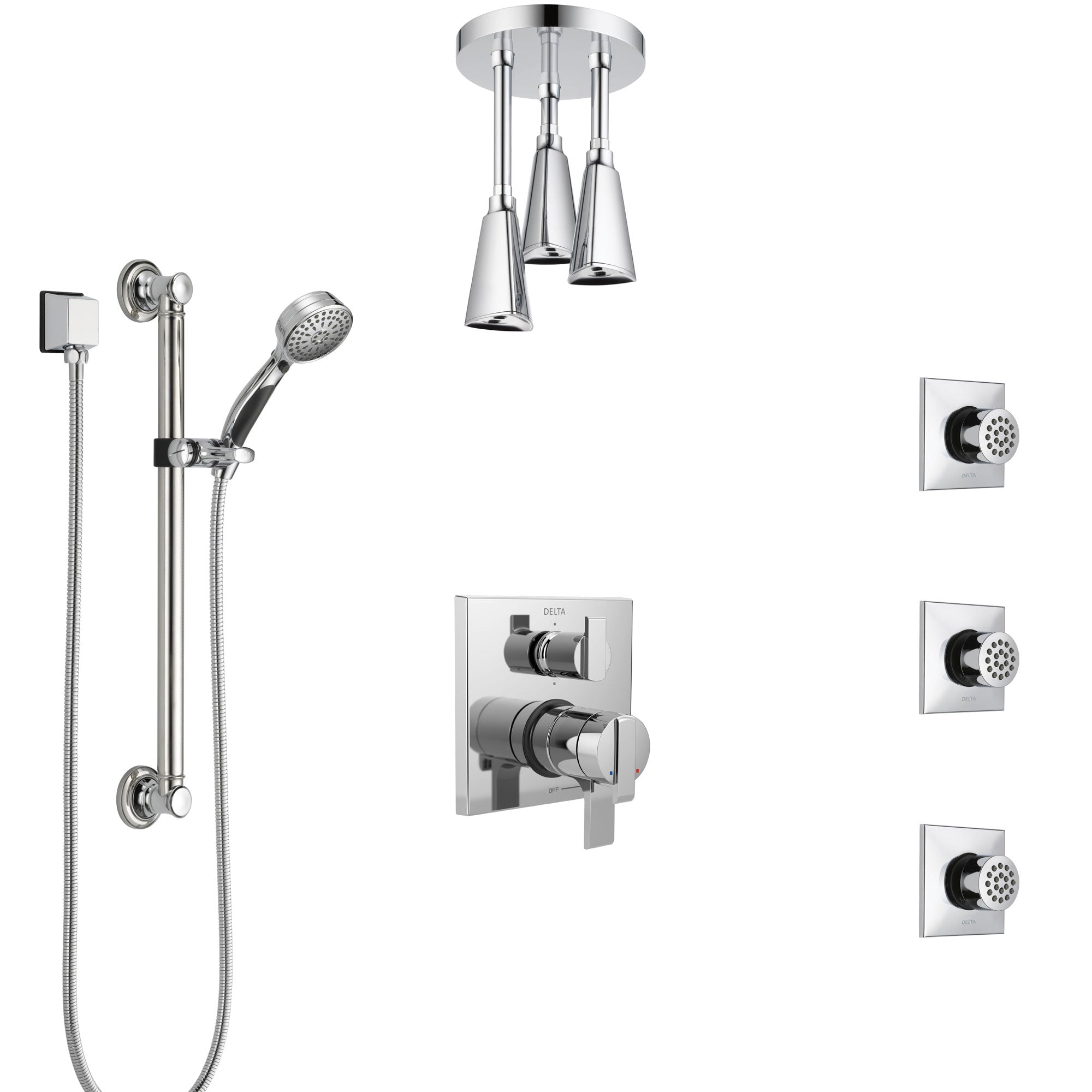 Delta Ara Chrome Shower System with Dual Control Handle, Integrated Diverter, Ceiling Showerhead, 3 Body Sprays, and Grab Bar Hand Shower SS279674