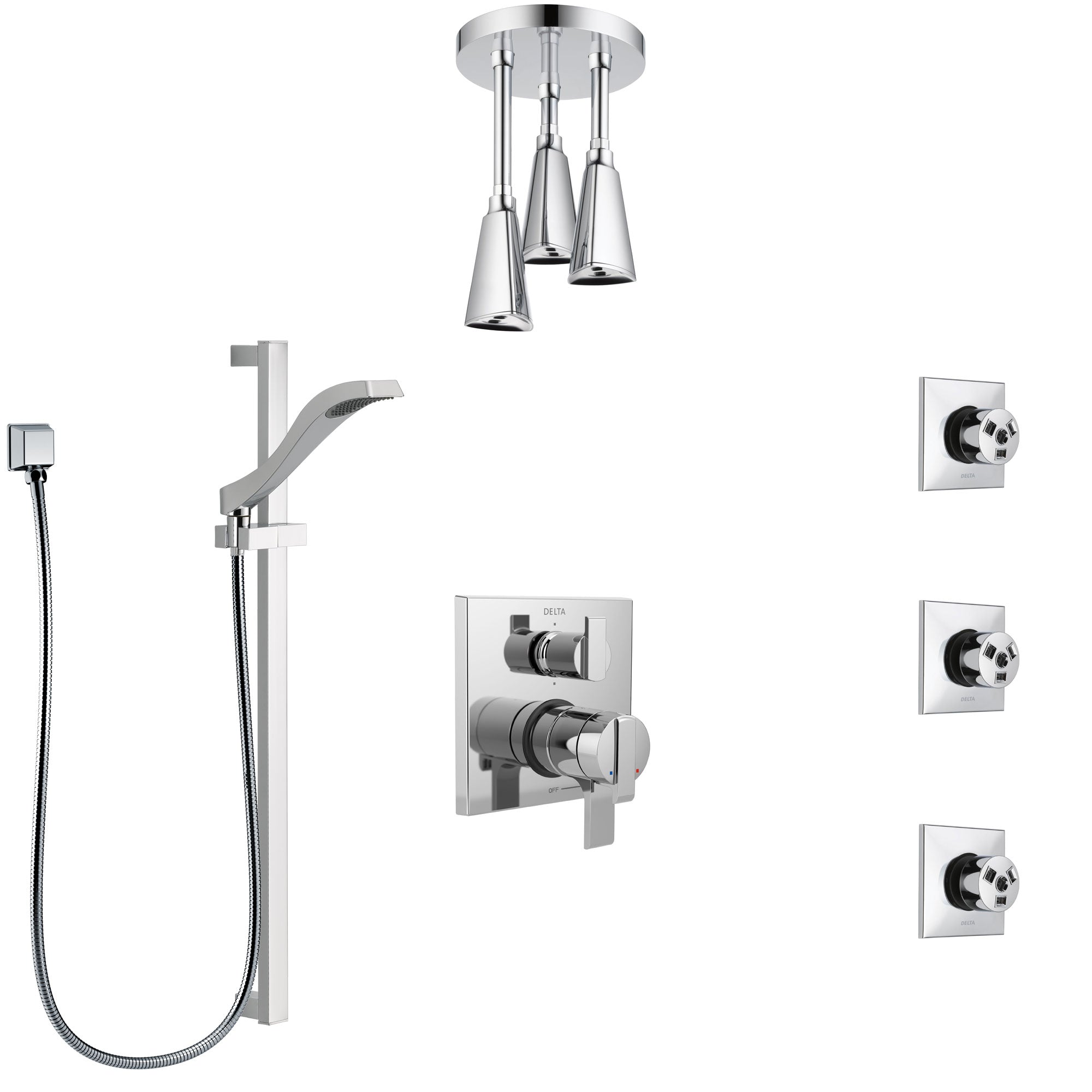 Delta Ara Chrome Shower System with Dual Control Handle, Integrated Diverter, Ceiling Mount Showerhead, 3 Body Sprays, and Hand Shower SS279676