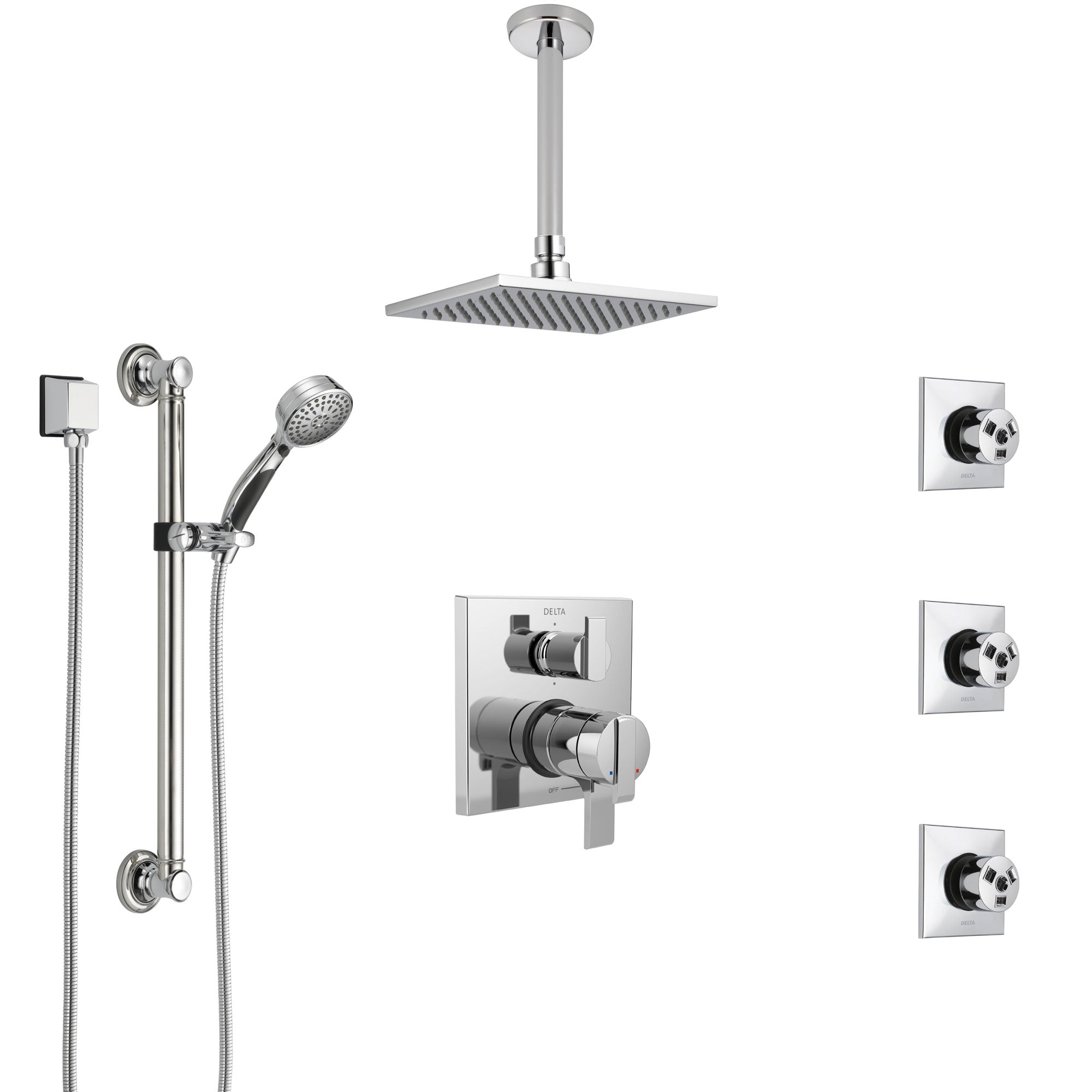 Delta Ara Chrome Shower System with Dual Control Handle, Integrated Diverter, Ceiling Showerhead, 3 Body Sprays, and Grab Bar Hand Shower SS279679