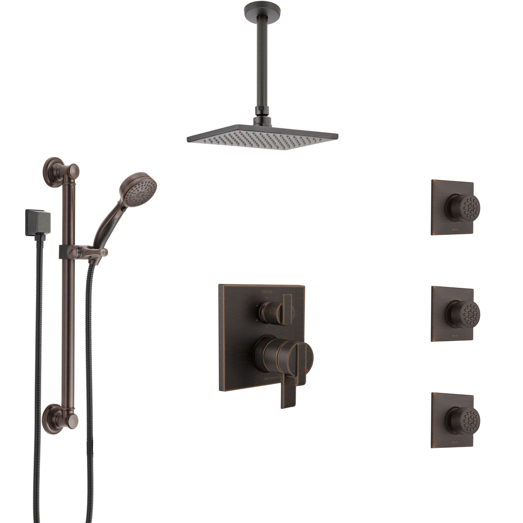 Delta Ara Venetian Bronze Shower System with Dual Control Handle, Integrated Diverter, Ceiling Showerhead, 3 Body Jets, Grab Bar Hand Spray SS27967RB1