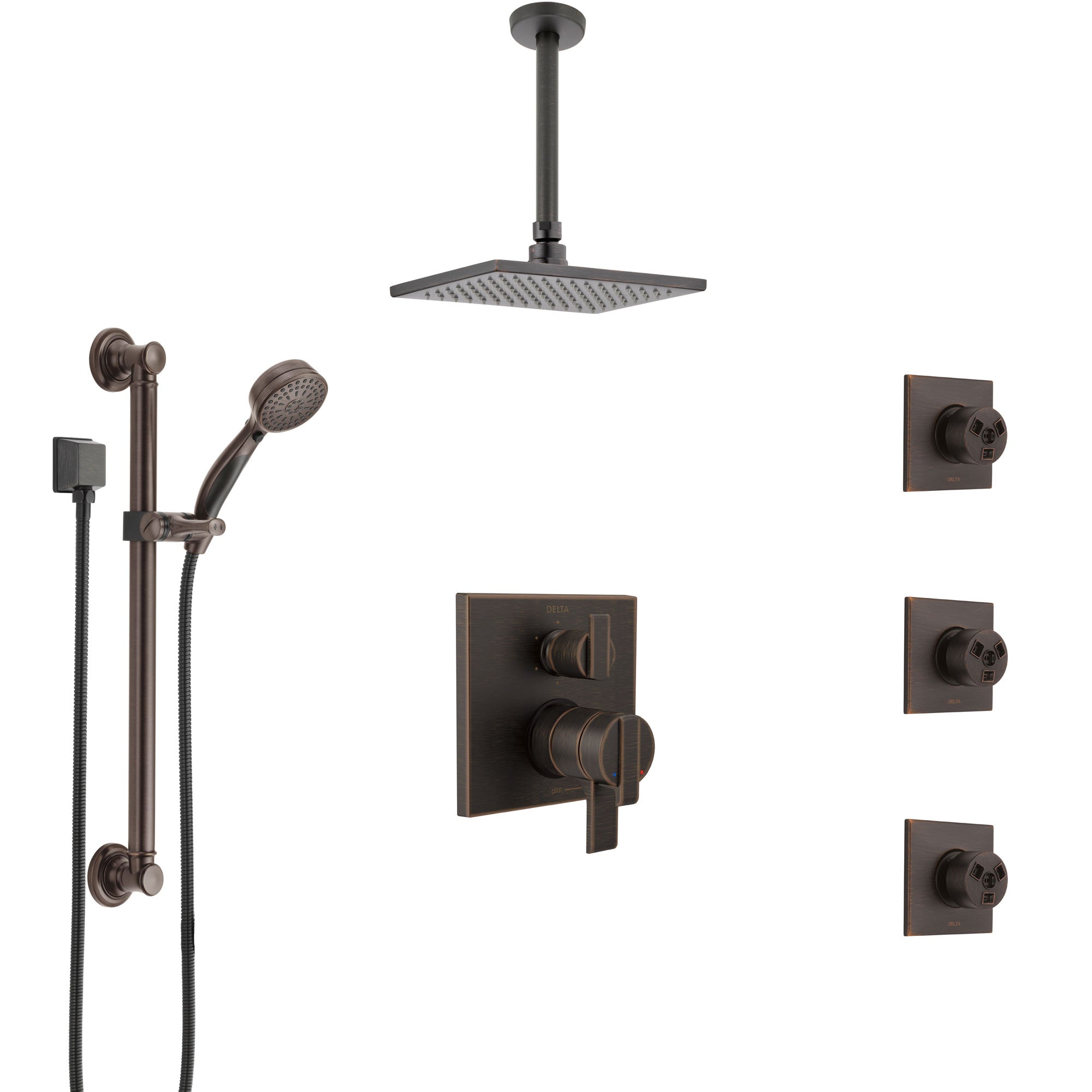 Delta Ara Venetian Bronze Shower System with Dual Control Handle, Integrated Diverter, Ceiling Showerhead, 3 Body Jets, Grab Bar Hand Spray SS27967RB2