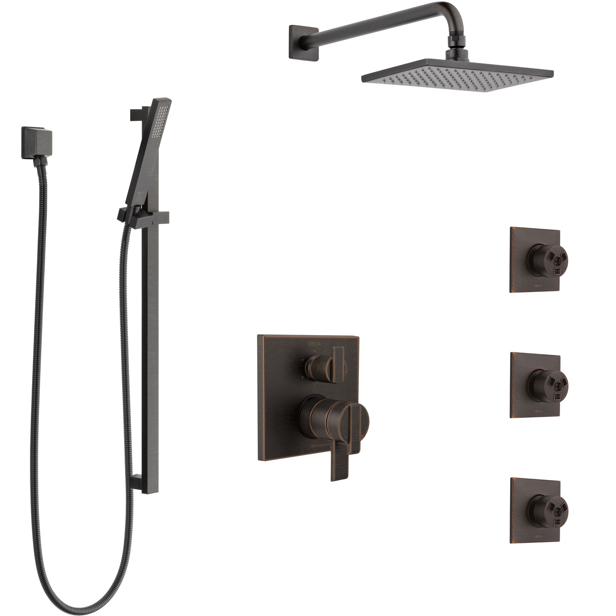 Delta Ara Venetian Bronze Shower System with Dual Control Handle, Integrated 6-Setting Diverter, Showerhead, 3 Body Sprays, and Hand Shower SS27967RB6