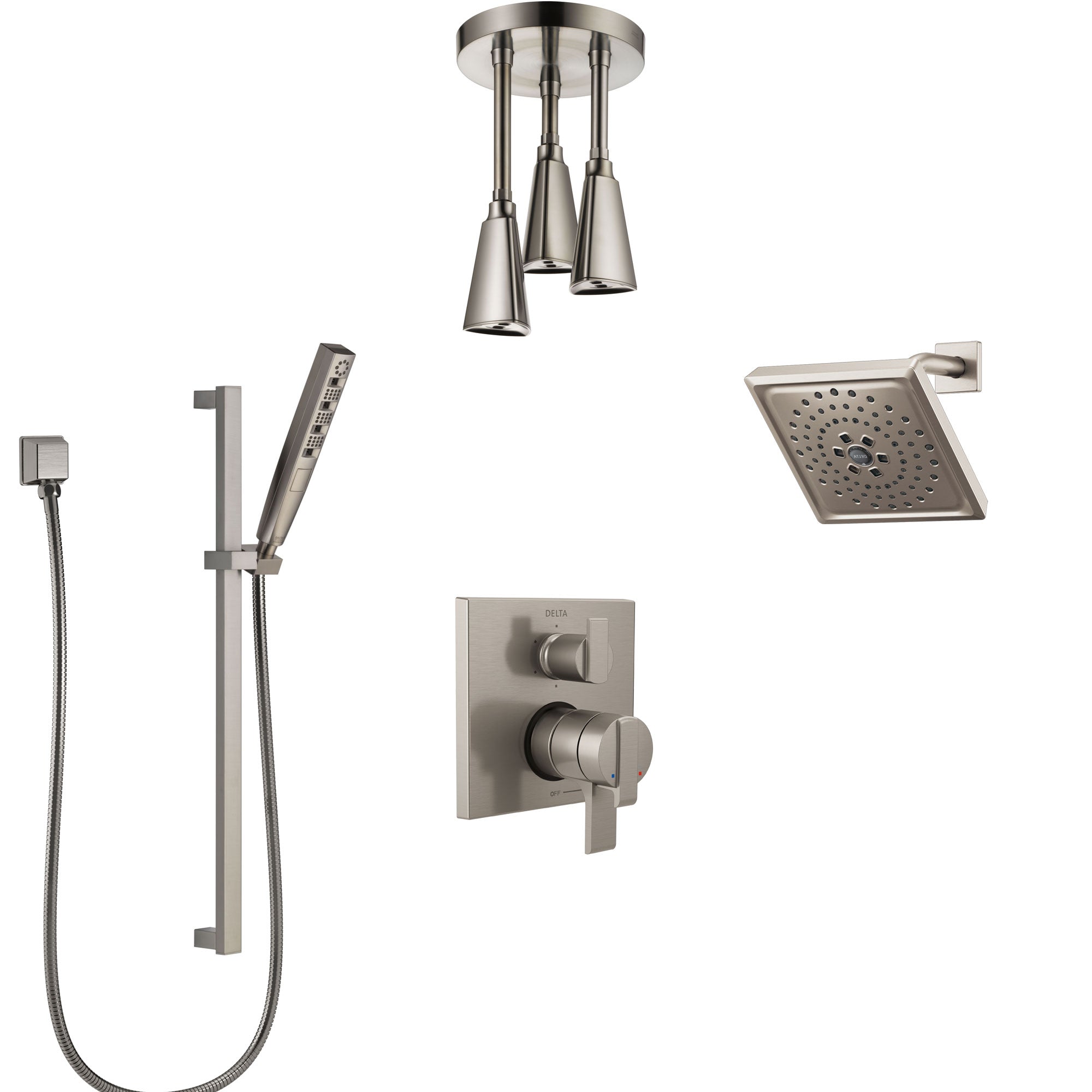 Delta Ara Dual Control Handle Stainless Steel Finish Shower System, Integrated Diverter, Showerhead, Ceiling Showerhead, and Hand Shower SS27967SS10